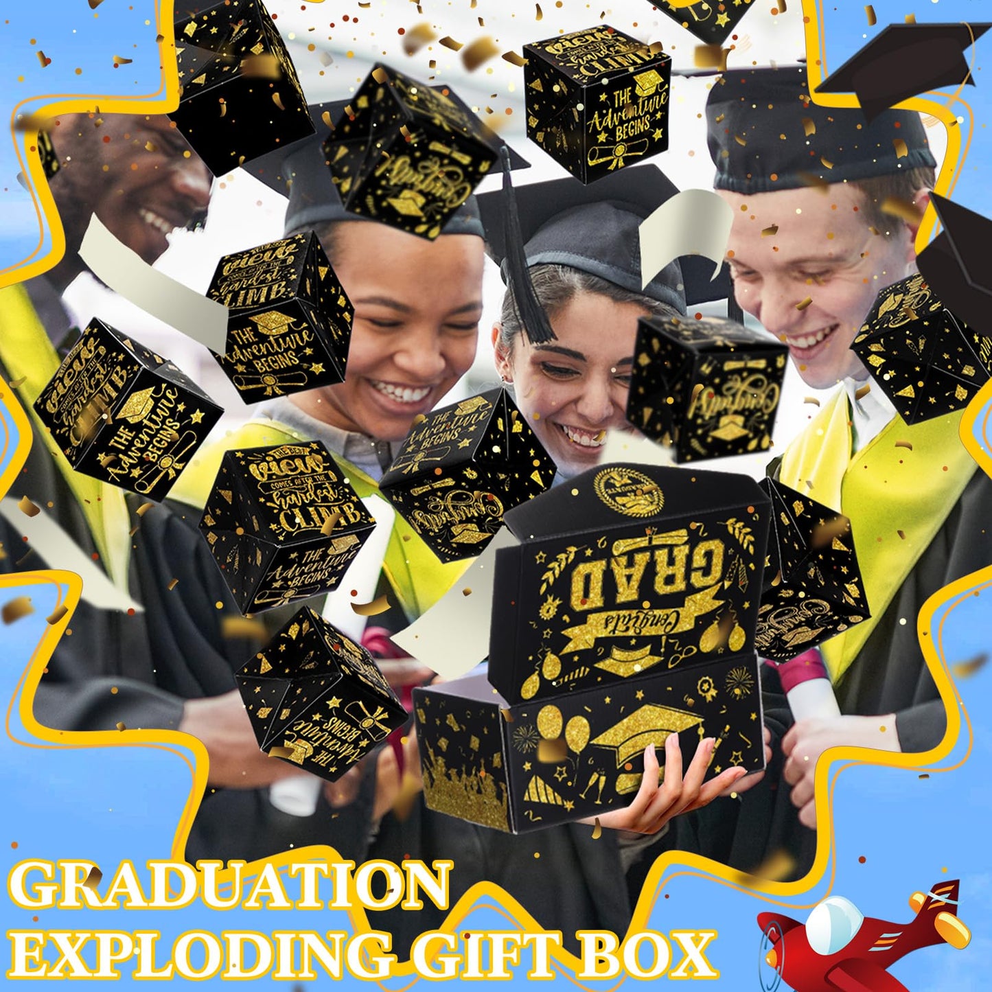 Tenceur 14 Pcs 2026 Graduation Explosion Gift Boxes 12 Bounces Exploding Money Box DIY Congrats Grad Folding Bouncing Gift Box Money Cash Explosion Gift Box for Grad College Party Favors(Black Gold)