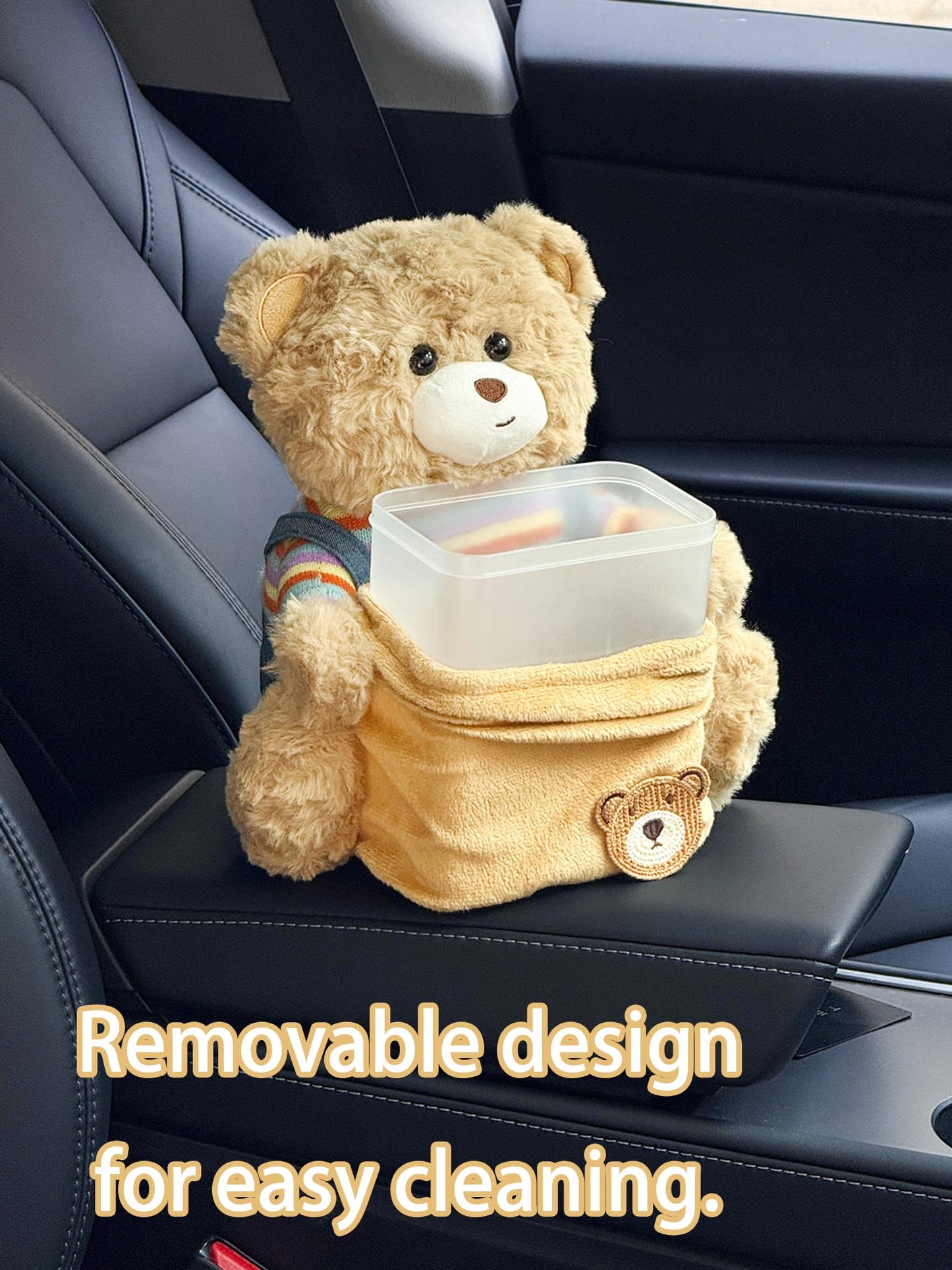 VimoDemo Cute Car Trash Can with Tissue Holder Teddy Bear Tissue Box Console Stuffed Animal Organizer Plush Doll Multifunctional Creative Accessories for Women Rainbow Bear