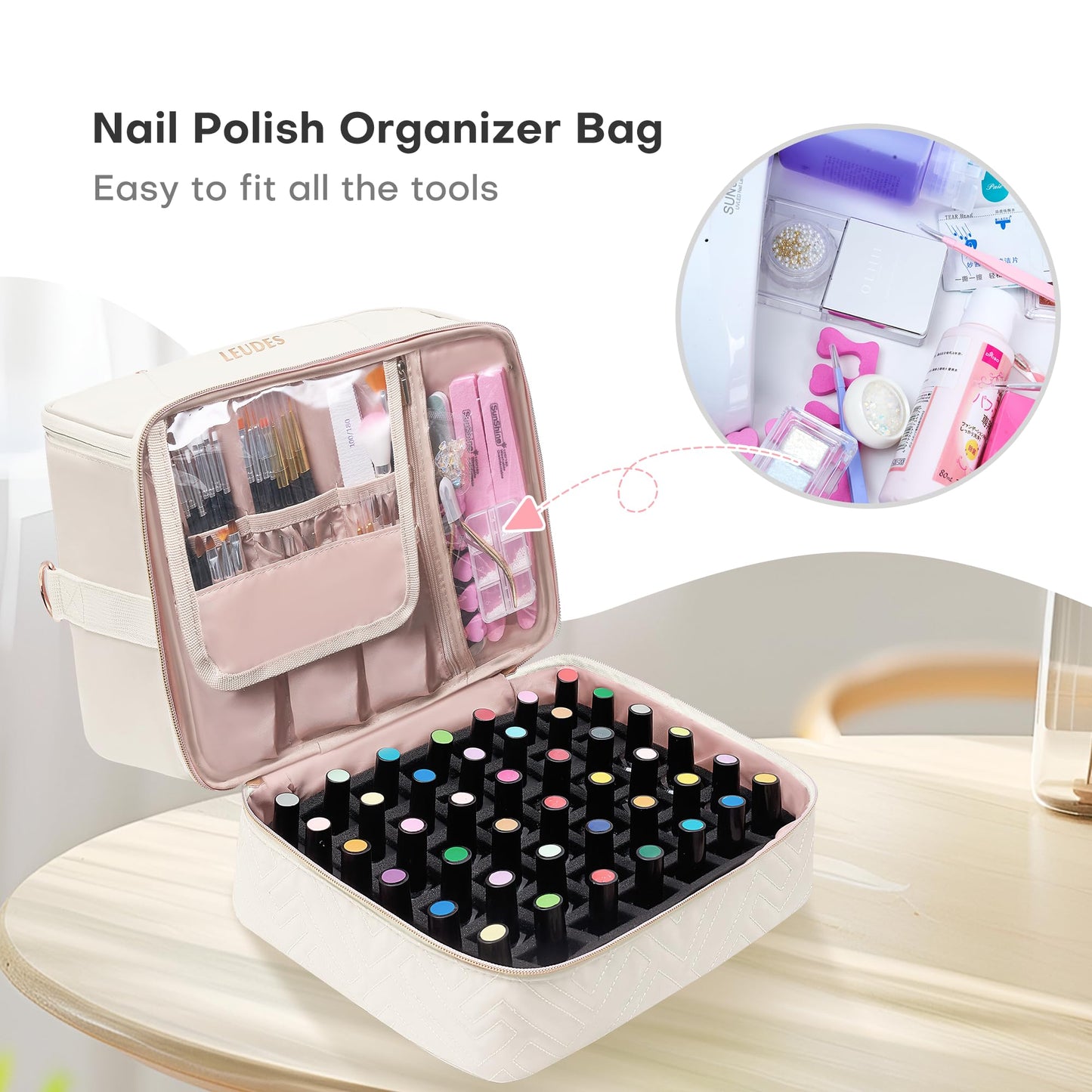 Leudes Nail Polish Organizer and Storage Holder 42 Bottles&Manicure Kit &Nail Lamp,Nail Stuff Bag Organizer Travel Case for Nail Tech Supplies Accessories Manicure Tools (Beige)