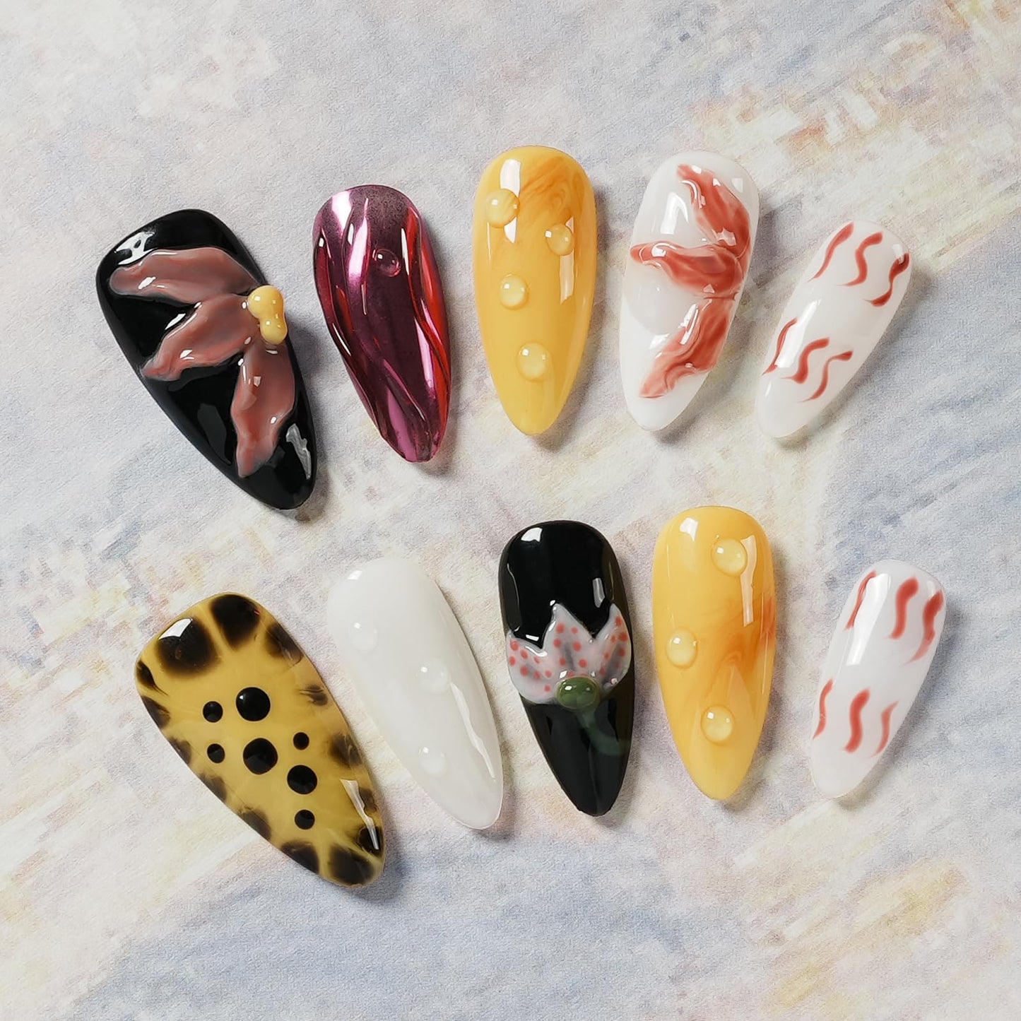 Tesytto Tesytto 3D Flower Press on Nails Almond - Handmade Multicolor Design with Dewy Water Droplets, Luxury Salon Quality Reusable Fake Nails (Bold Bloom & Dot Glam, L)