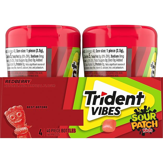Trident Vibes SOUR PATCH KIDS Redberry Sugar-Free Chewing Gum, 4-40 Piece Bottles (160 Total Pieces)