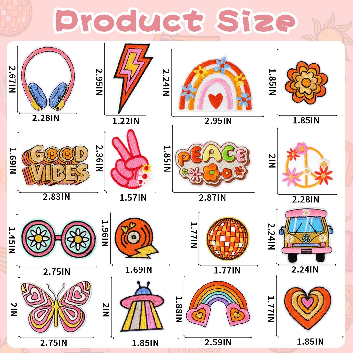 AUGSUN 60pcs Hippie Embroidered Patches Random Assorted Styles Hippie Theme Iron on Patches for Girls, Wonmen DIY Sew Applique Repair Patch Cute Sew on Patches for Backpacks Pants Clothes Jeans