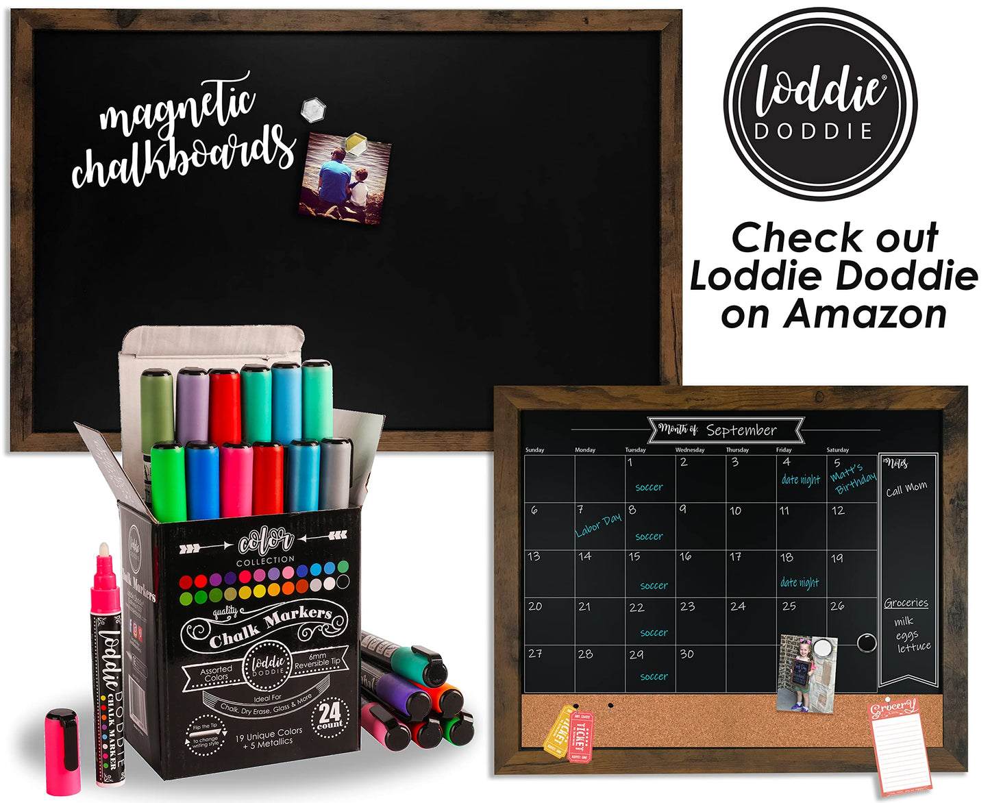 Loddie Doddie Magnetic Chalkboard & Magnet Board - 24 x 36 in, Rustic Wood Frame - Stain-Resistant Surface for Chalk Calendar - Photo & Note Organization with Magnet Display - Rustic Wall Decor