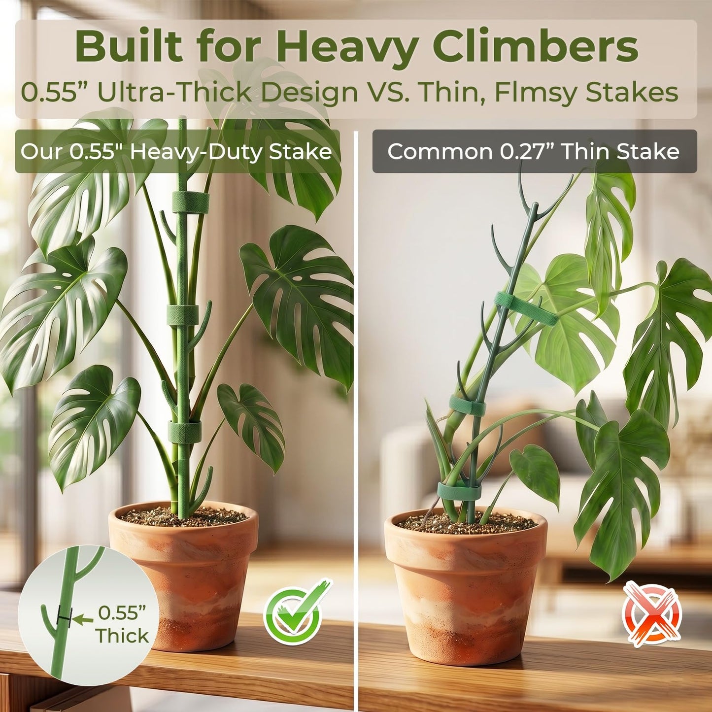 Heavy-Duty Monstera Plant Support Stakes - 10-Piece Stackable Sticks for Climbing Stem up to 39.6" Tall - 0.55" Thick Indoor Plant Poles & Outdoor Garden Structures