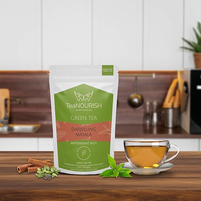 TeaNOURISH Darjeeling Masala Green Tea | Loose Leaves | Blended with Cardamom, Cinnamon, Black Pepper & Clove | 100% NATURAL | 50 Cups Hot or Iced Tea - 3.53oz/100g