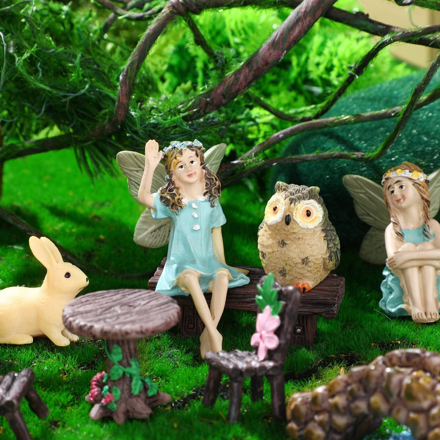 Roowest 19 Pcs Miniatures Garden Fairies Kit Garden Accessories Miniatures Bunny Squirrel Owl Animals Cute Tiny Mushroom Mini Pond Bridge Figurine for DIY Home Micro Landscape Terrarium Ornaments