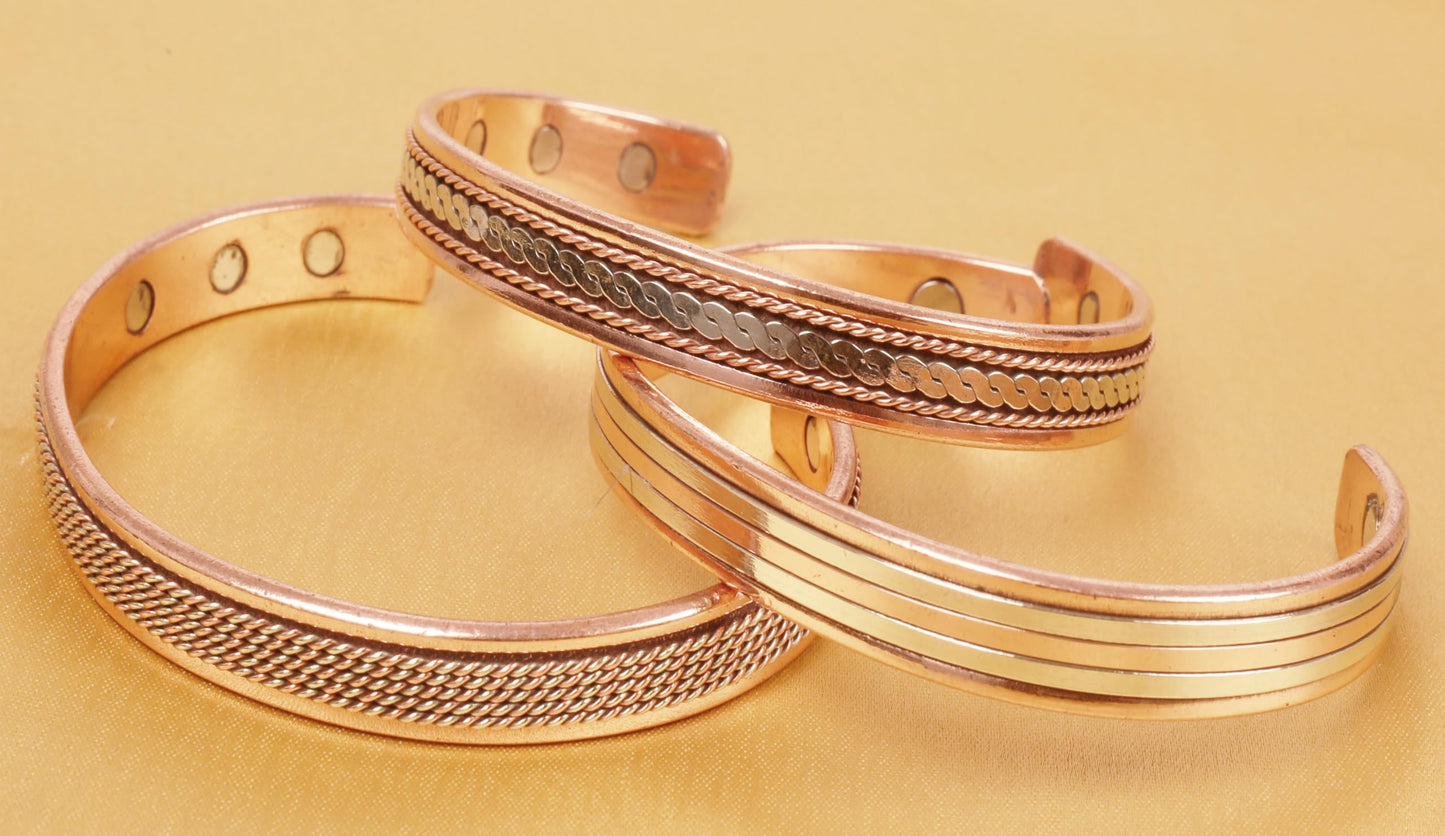 Touchstone copper bracelets | gift for men women |adjustable 100% pure solid real magnetic jewelry | handmade bracelet set combo | rope braided tibetan bangles. Set of 3 different designs
