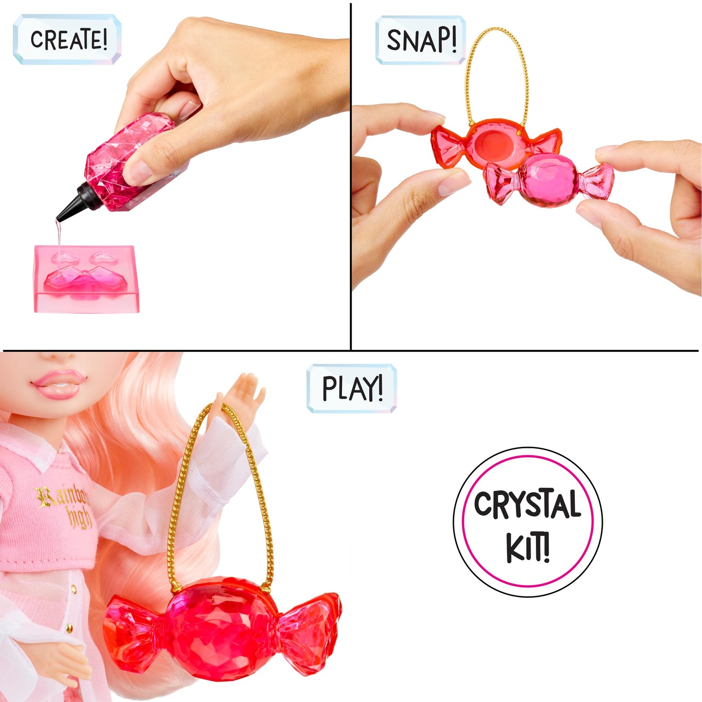 Rainbow High Creative Crystals Bella - Pink 11” Fashion Doll with Crystal Accessory Make It Kit, Ring for You, DIY, Crafts, Resin Play, Kids Gift 8+