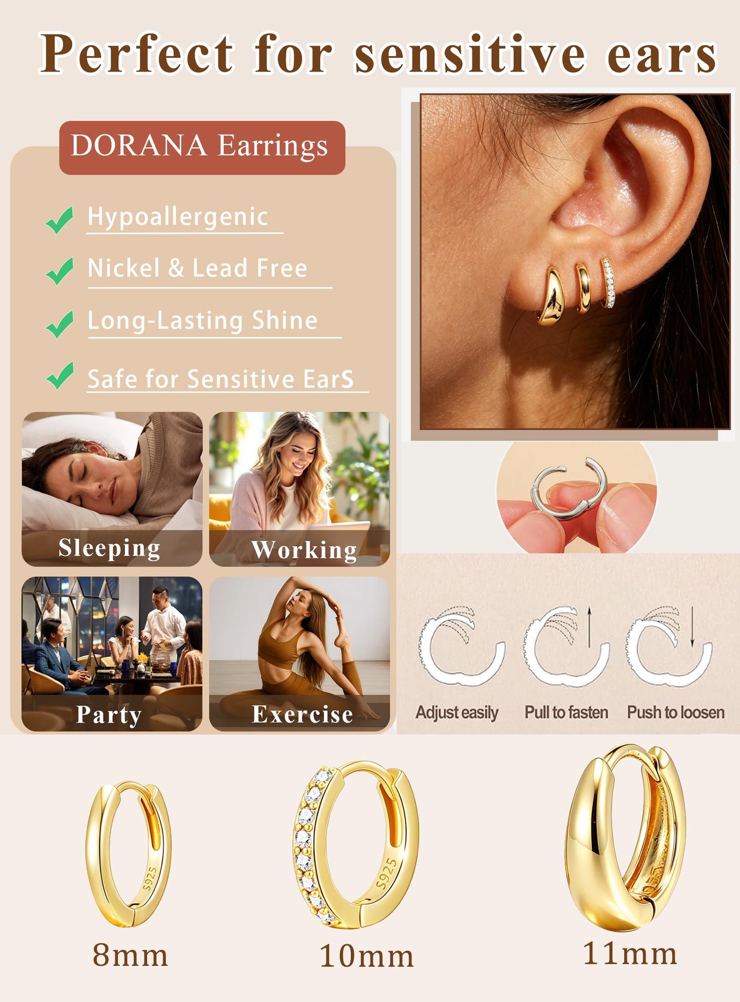 DORANA Small Gold Hoop Earrings Set for Women Gold Huggie Earrings Non Tarnish Small Cartilage Hoops Stackable Earring Stacks Sets for Multiple Piercing