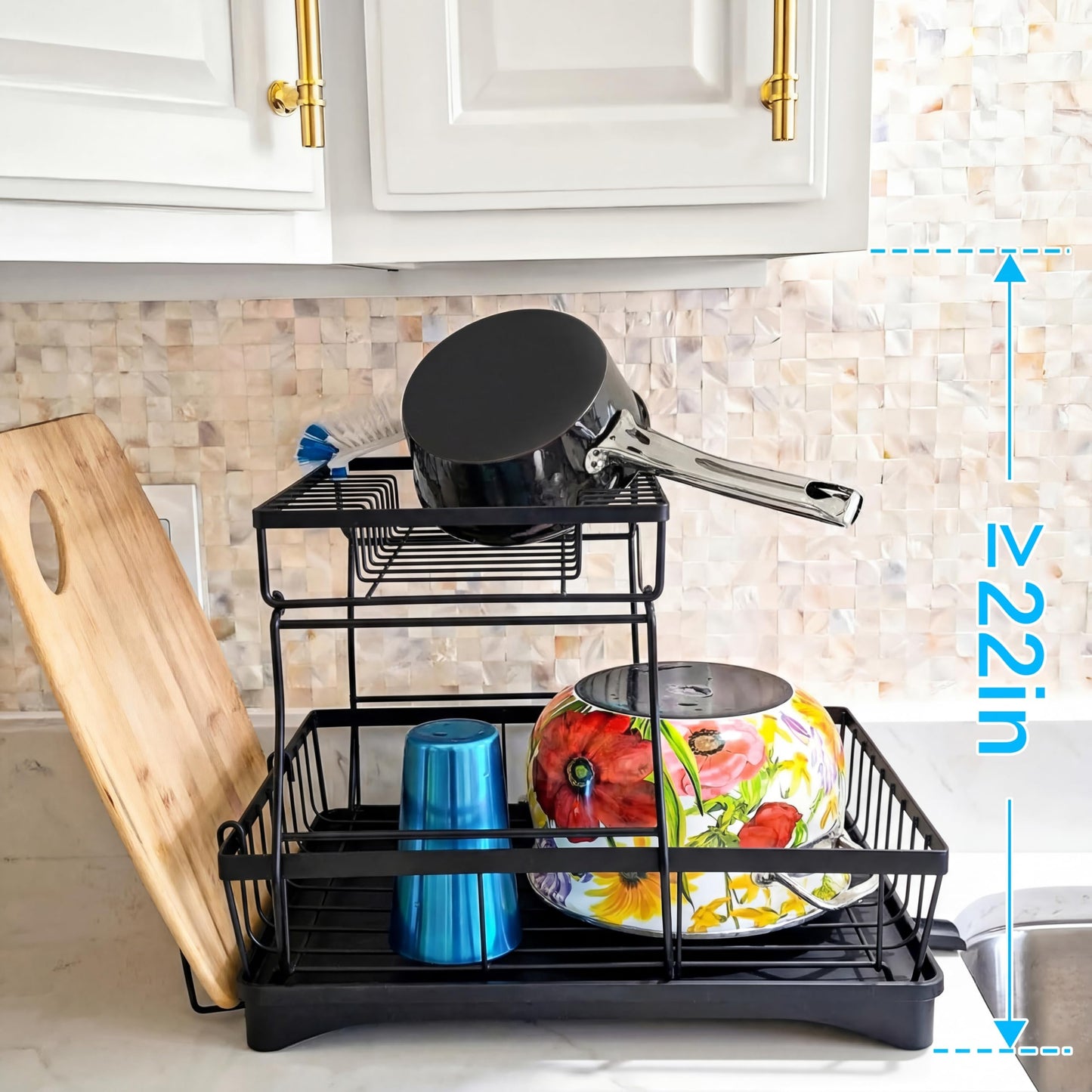 7 code Large Dish Drying Rack for Kitchen Counter, Detachable Large Capacity Dish Drainer Organizer, 2-Tier Dish Racks with Utensil Holder, Black
