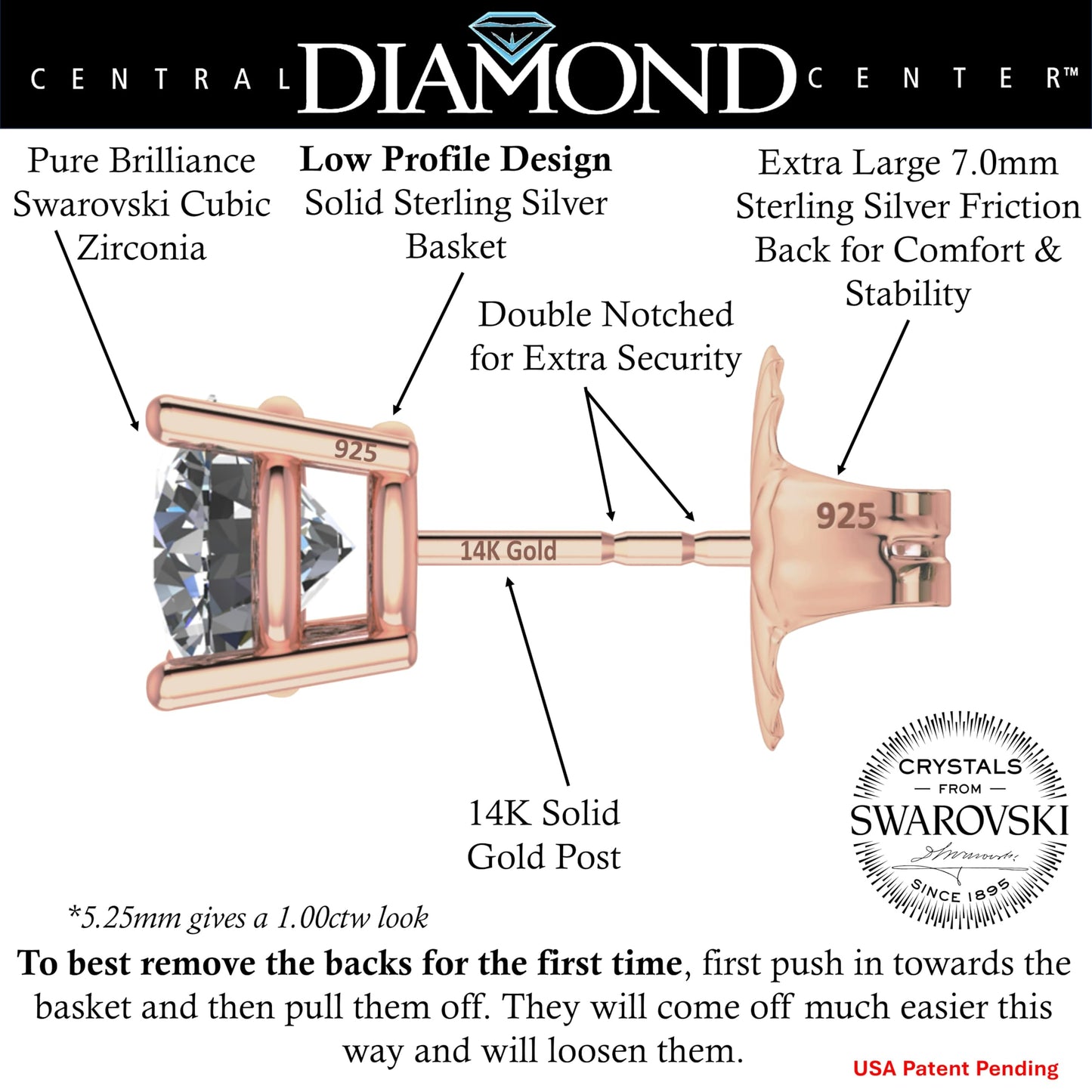 Central Diamond Center 14K Solid Gold Post & Sterling Silver Made with Swarovski 4 Prong CZ Stud Earrings - Rose Gold Plated - 5.25mm - 1.00cttw
