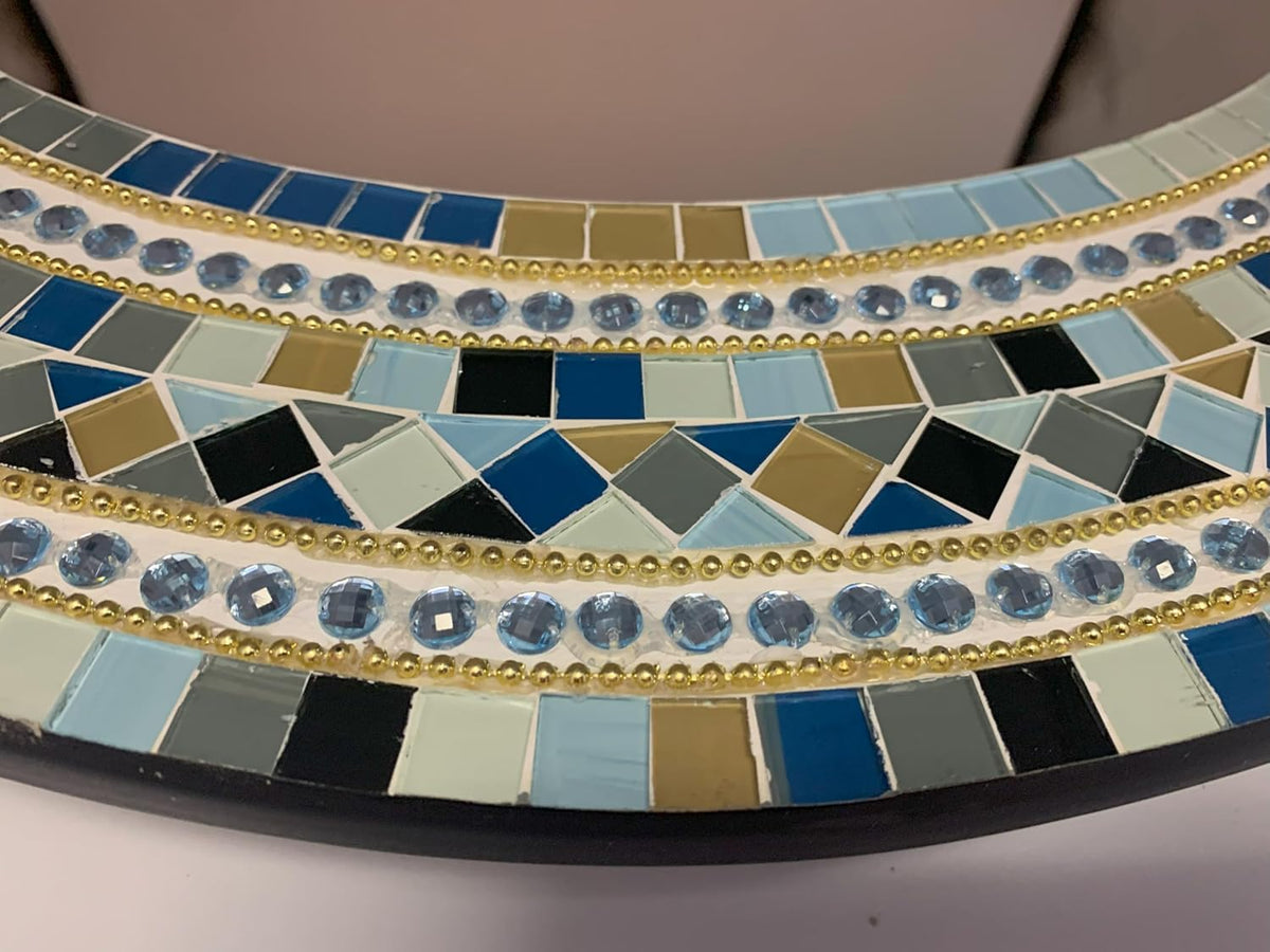Mosaic Mirror, Wall Art Décor – Handcrafted Decorative Wall Mirror, Light and Navy Blue, Brown, Gray, and Black Round Mosaic