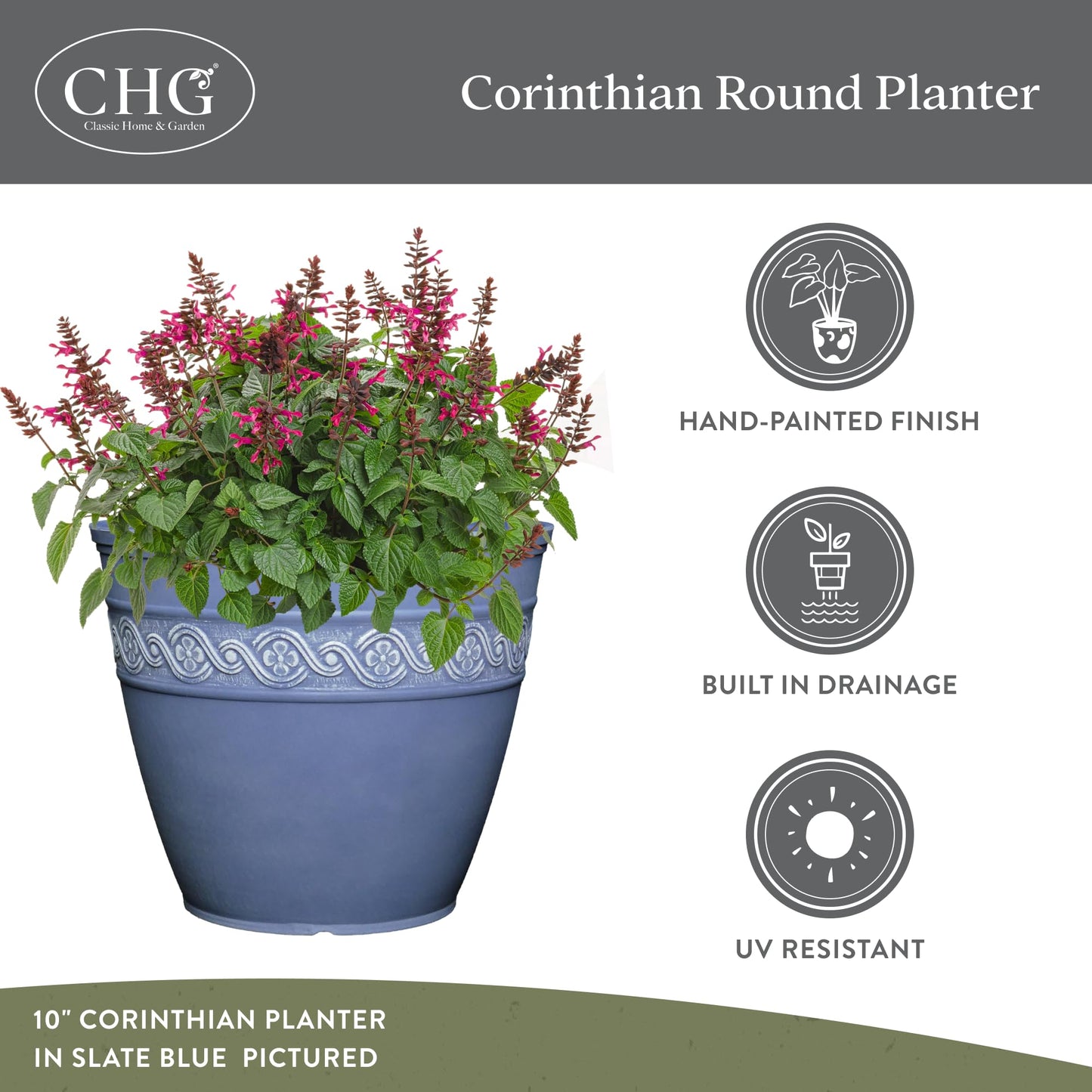 Classic Home and Garden Corinthian Resin Flower Pot Planter, Slate Blue, 8"