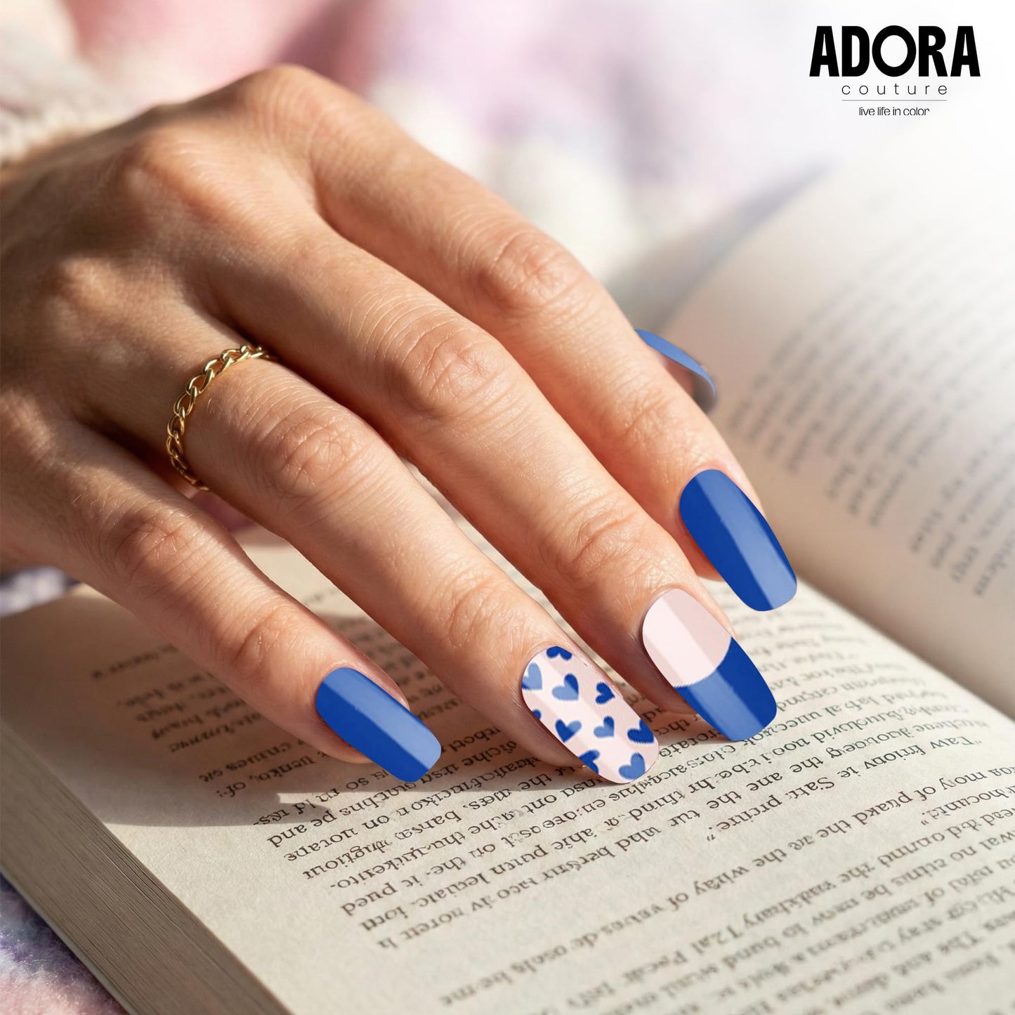 Adora Couture Semi Cured Gel Nail Strips with 30 Pieces - UV Gel Stickers, Manicure Kit, Easy Application Wraps Includes Prep Pads, Nail File, Wooden Stick - UV Light Required (Cobalt Canvas)