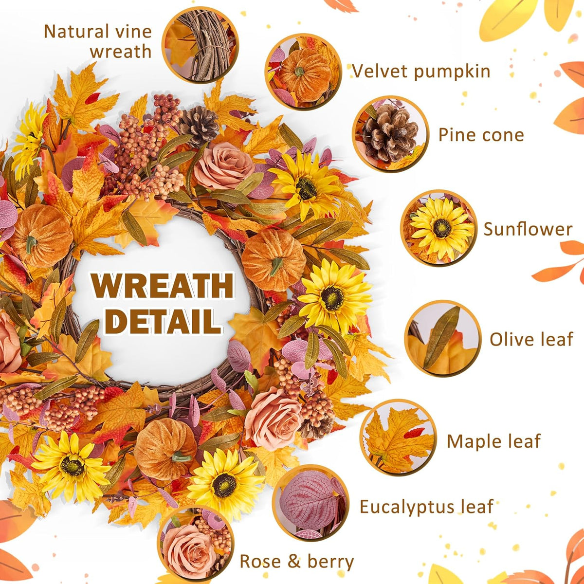 GENMOUS 24Inch Fall Wreaths for Front Door, Autumn Velvet Pumpkin Wreath Autumn Maple Leaves Porch Decor, Farmhouse Wreaths Home Wall Outdoor Indoor Thanksgiving Halloween Harvest Festival Fall Decor