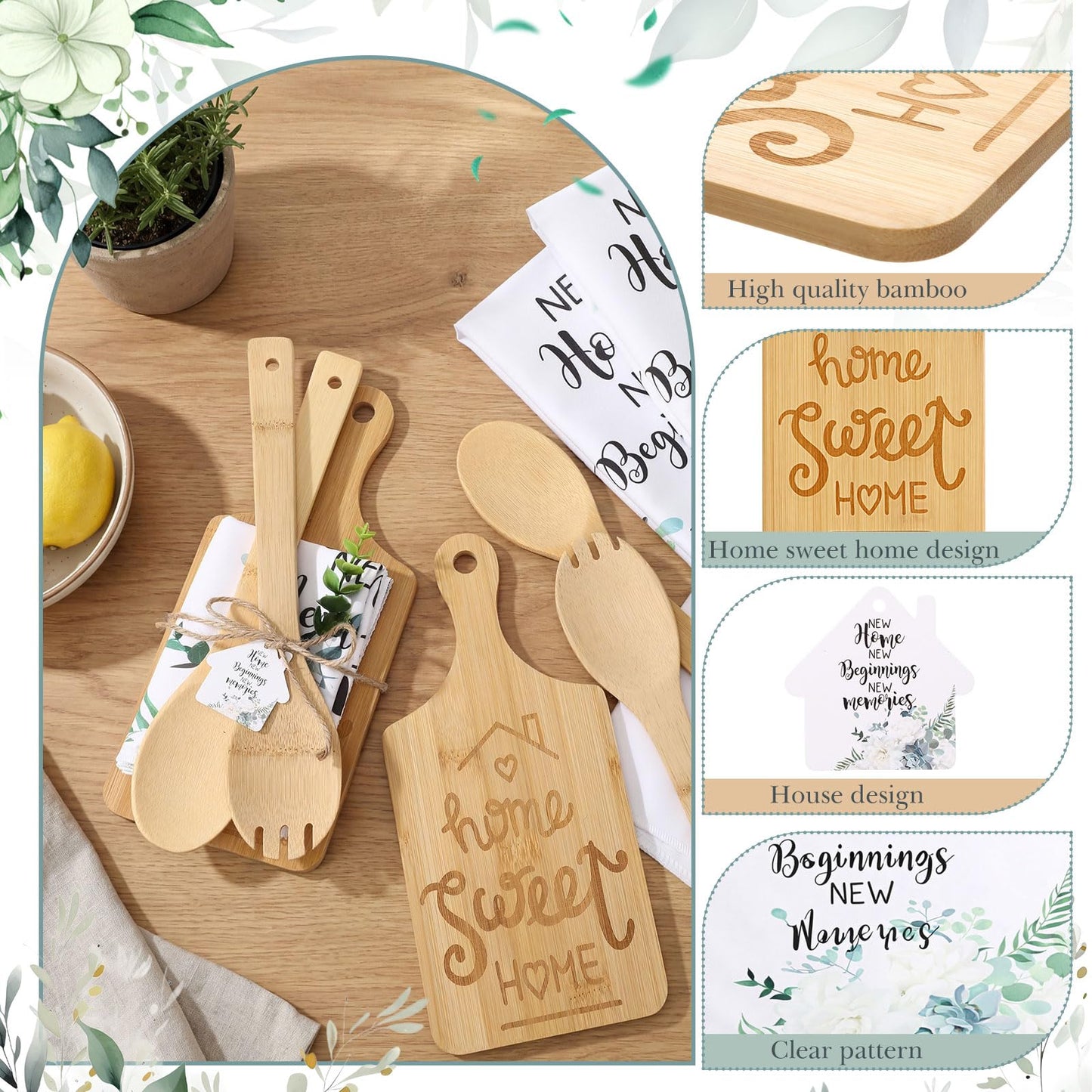 Geelin 31 Pcs/5 Sets Housewarming Gifts Engraved Cutting Board New Home Beginning Memories Kitchen Towels Cards Bamboo Spoons House Warming Gift Set for Homeowner Neighbor Couple Apartment Kitchen