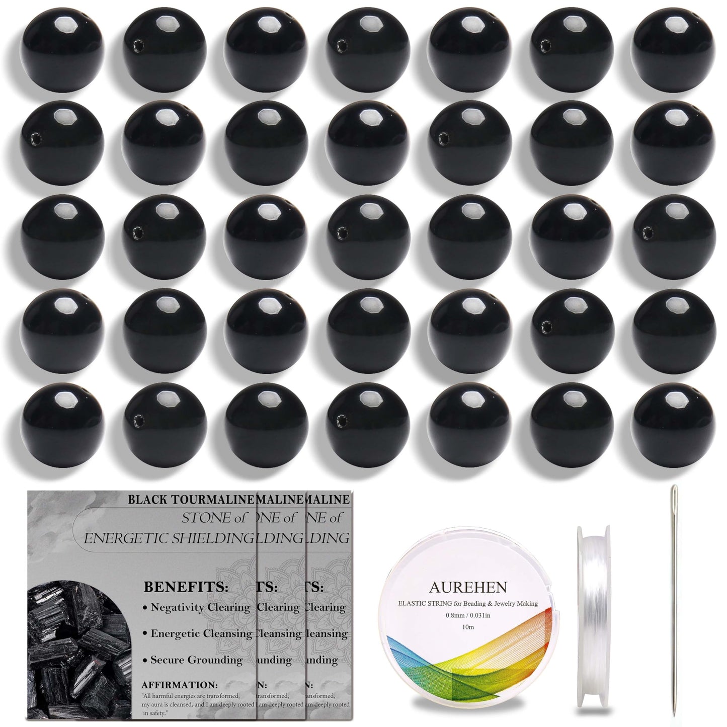 Aurehen Natural Gemstone Beads with Thread Needle Card as Complete Jewelry Making Kit, 120PCS 6mm Round Loose Energy Stone Spacer Beads, Smooth Healing Crystals for DIY Crafts (Black Tourmaline)