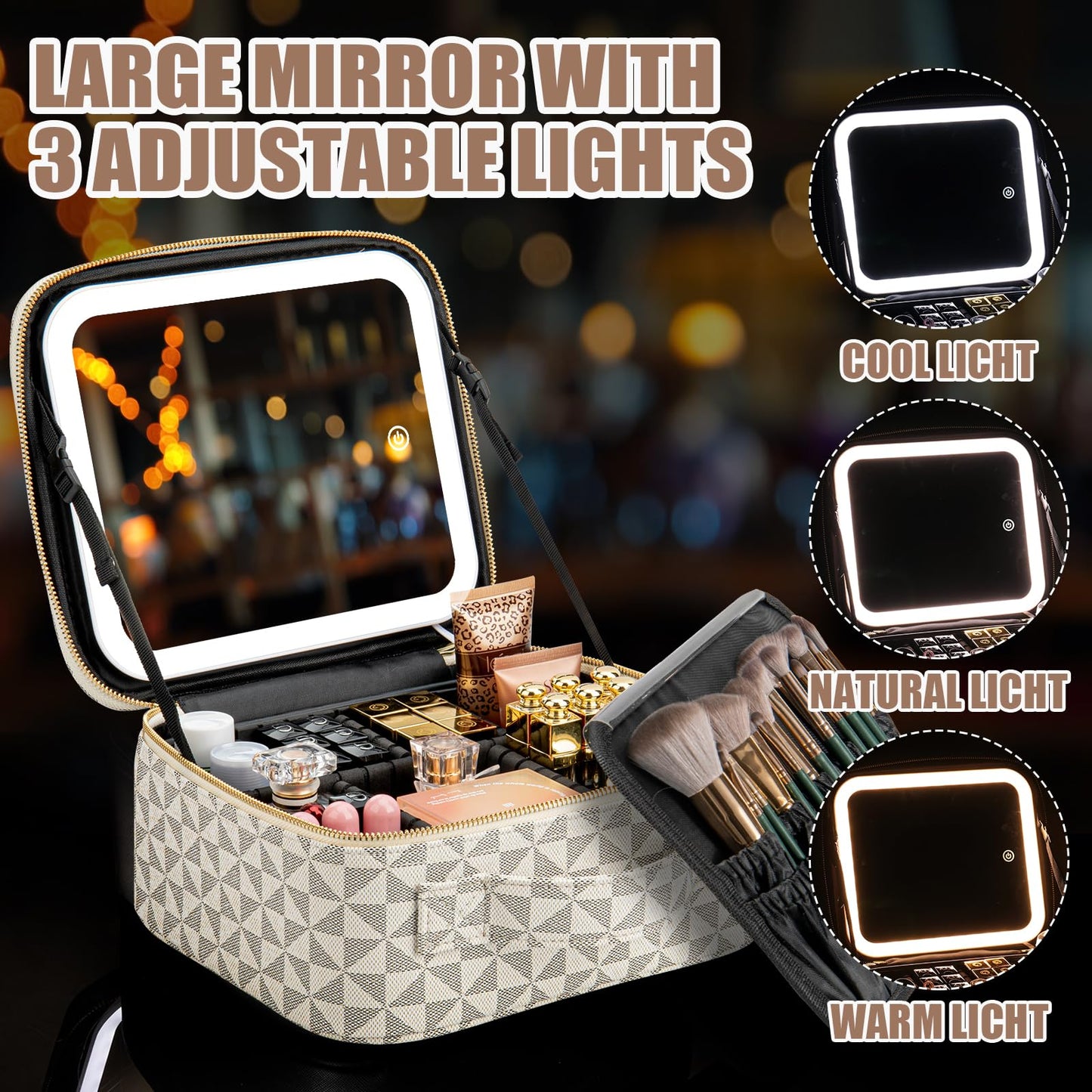 Extrei Gent Makeup Travel Train Case with Mirror LED Light 3 Adjustable Brightness Large Cosmetic Bag Portable Storage Adjustable Partition Waterproof Makeup Brushes Make up Jewelry Gift for Women