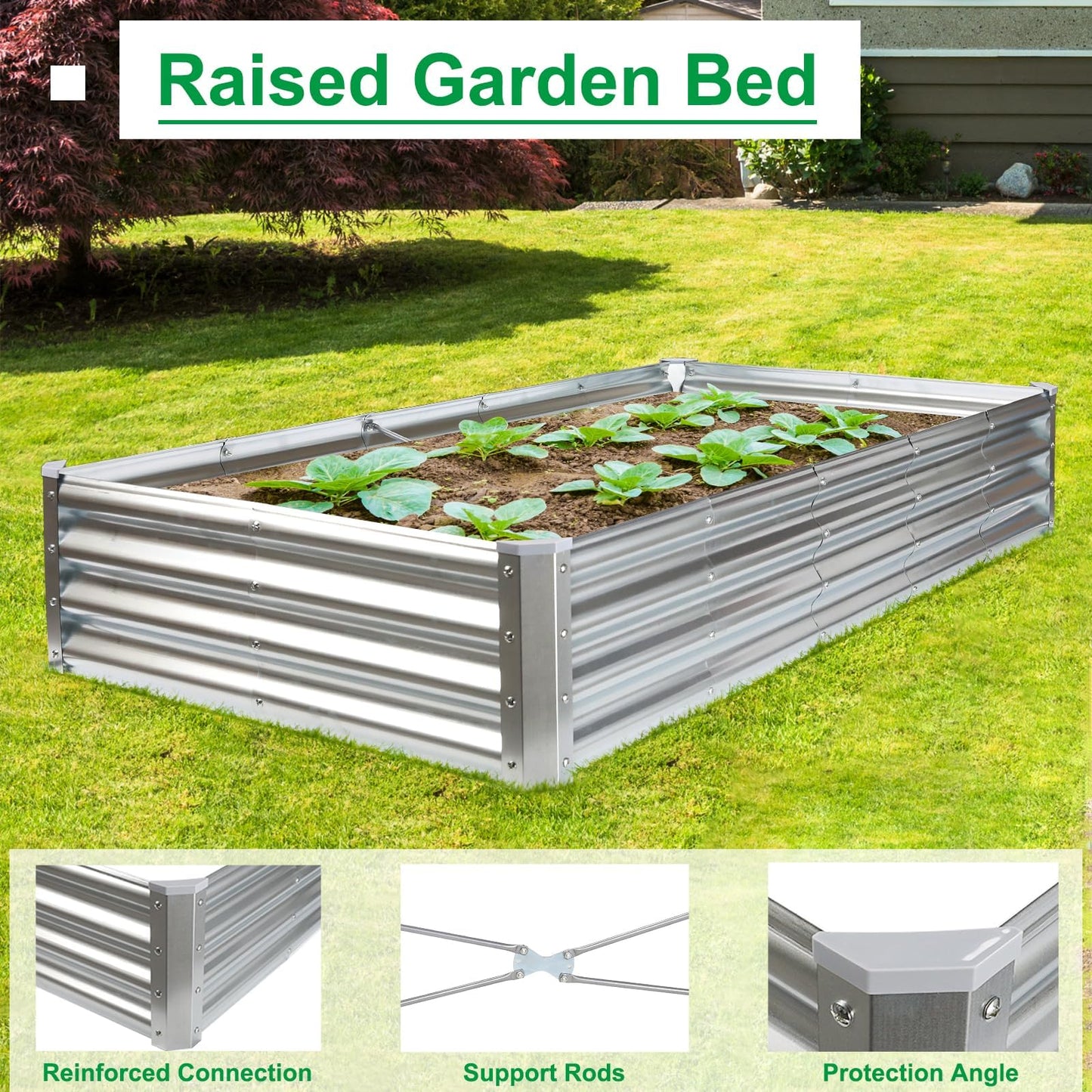 JERIA 6×3×1ft Raised Garden Bed with Support Rods,Galvanized Raised Garden Bed Kit Outdoor Metal Gardening Planter Box for Vegetable, Fruits, Flower