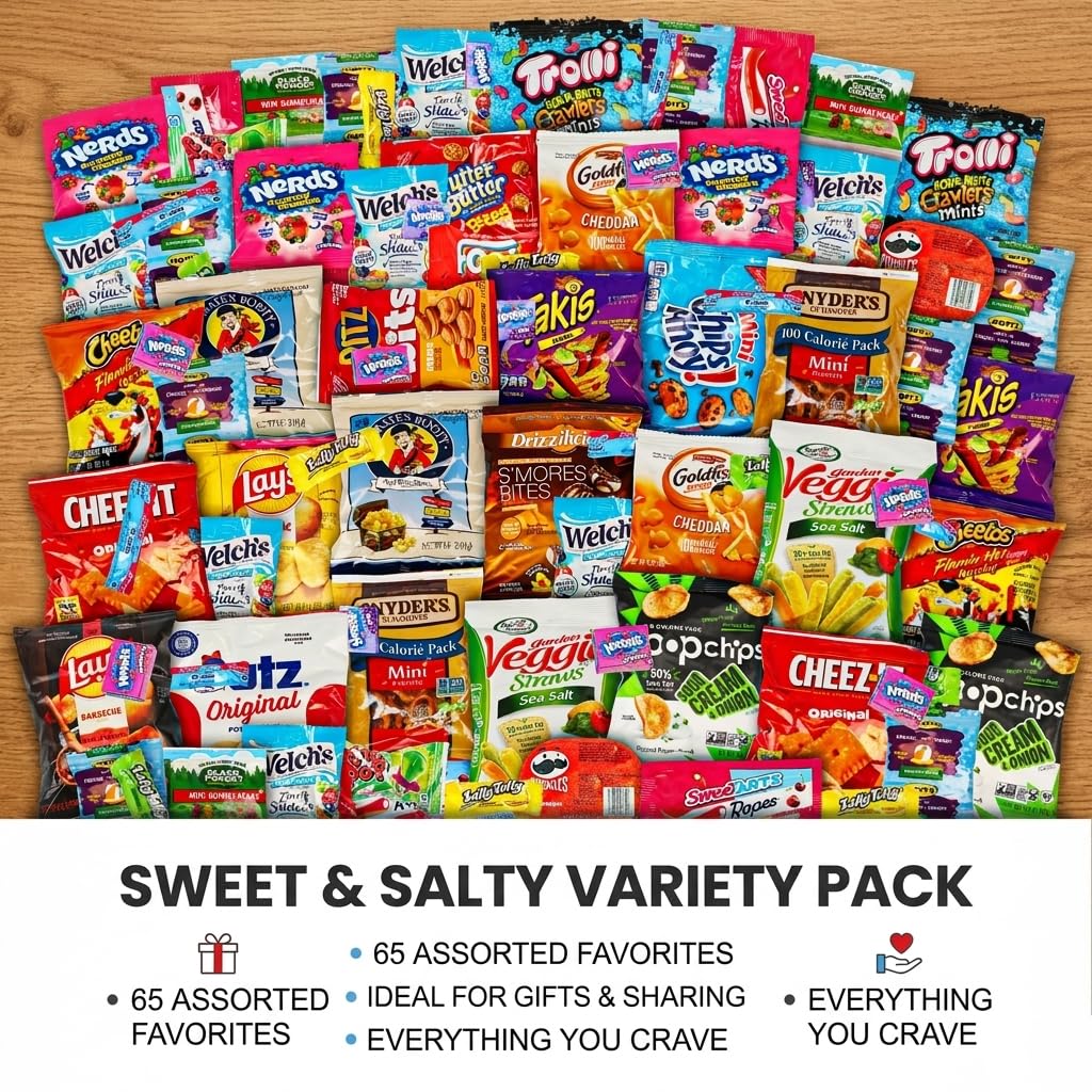 Snack Variety Care Package Gift Box, 65 Count Ready To Gift Assorted Snacks With Cookies Chips Bars Popcorn Crackers For Adults Kids Office Break Rooms School Snacks Camp Snack Gift Birthdays Welcome Gifts Get Well Soon Box