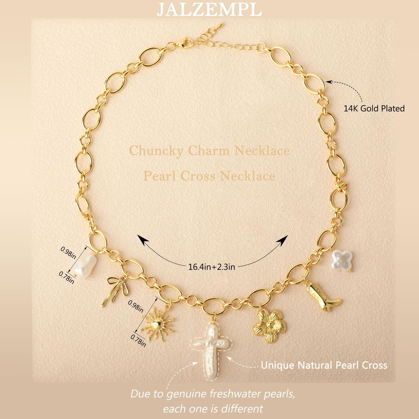 Chunky Charm Cross Pearl Necklace For Women Seashell Shell Starfish Beach Bow 14K Gold Plated Pendant Summer Jewelry (03 Pearl Cross)