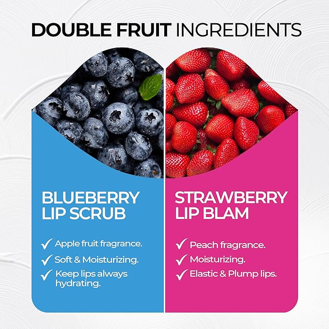 Lip Care Kit – 2-in-1 Lip Scrub and LipBalm Set – Blueberry Lip Exfoliator and Strawberry Lip Balm Hydrating – Complete Set for Gentle Exfoliation and Moisturizing