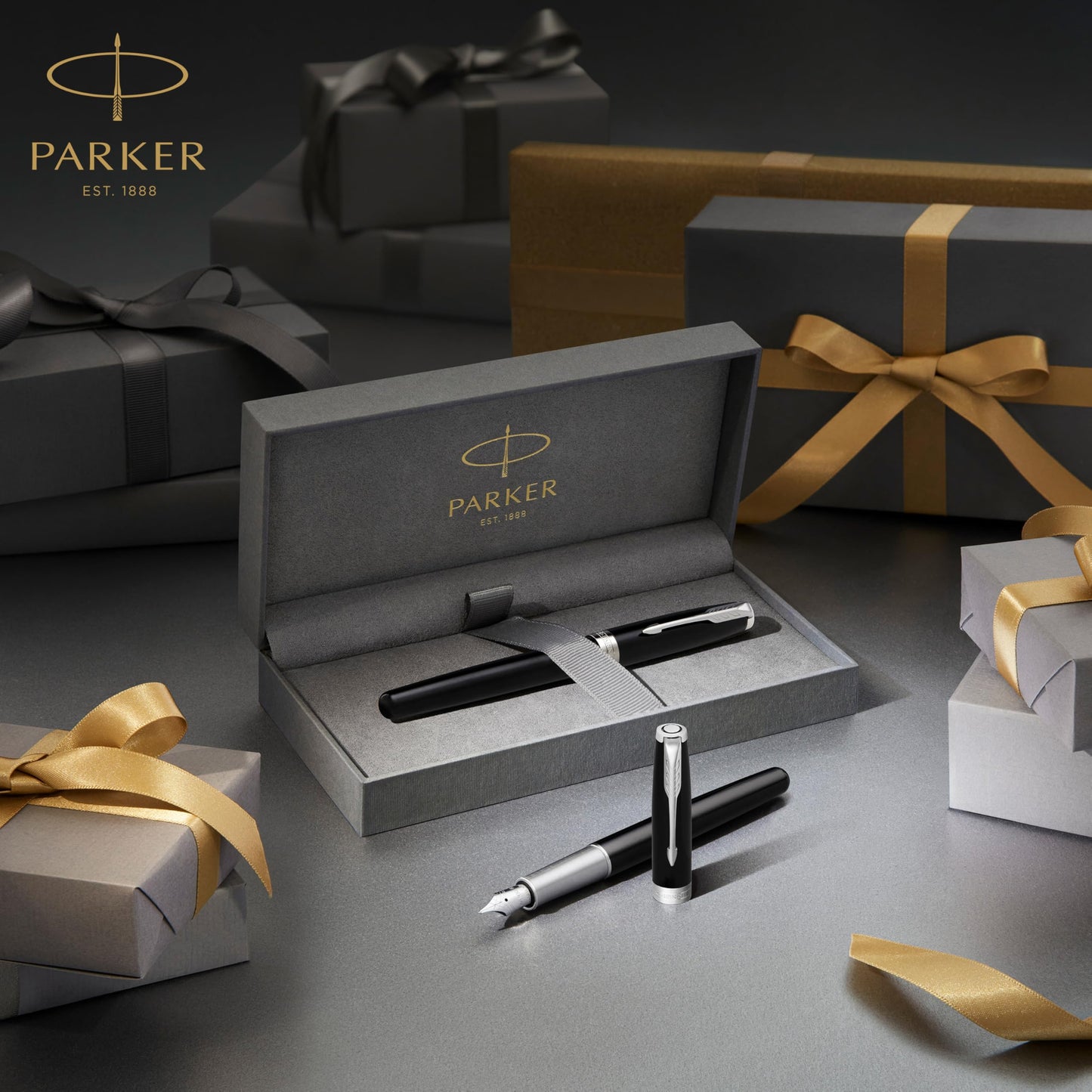 Parker Sonnet Fountain Pen Chiseled Silver with Gold Trim Solid 18k Gold Fine Nib (1931489)