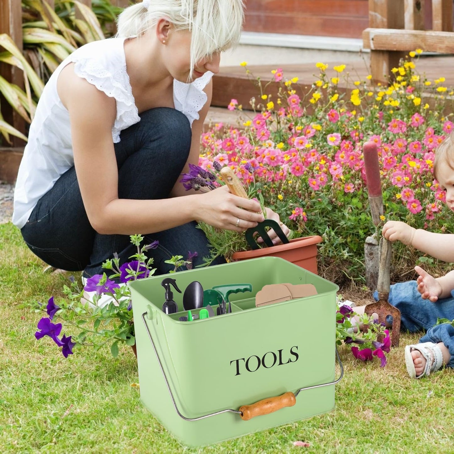 Xbopetda Garden Tool Organizer, Metal Tool Caddy with 3 Compartments, Portable Garden Tool Basket with Handle, Gardening Tool Kit Holder Empty, Garden Tool Storage for Indoor and Outdoor Use - Green
