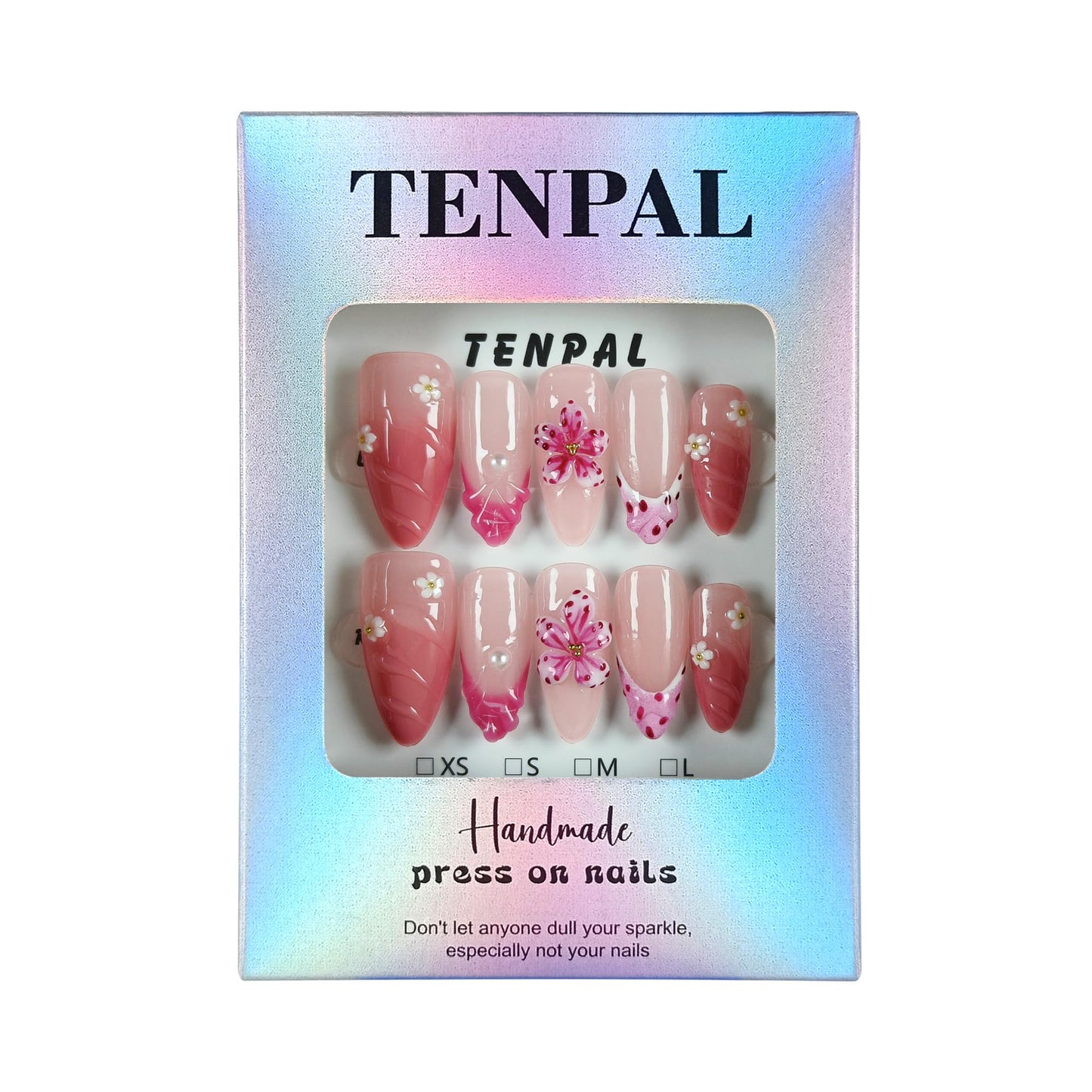 TENPAL Almond Press on Nails - Pink French Ombre & 3D Texture with Polka Dot & Wave Carving, Reusable & Handmade False Nails for Spring Summer | Sweet Watercolor Style(L）