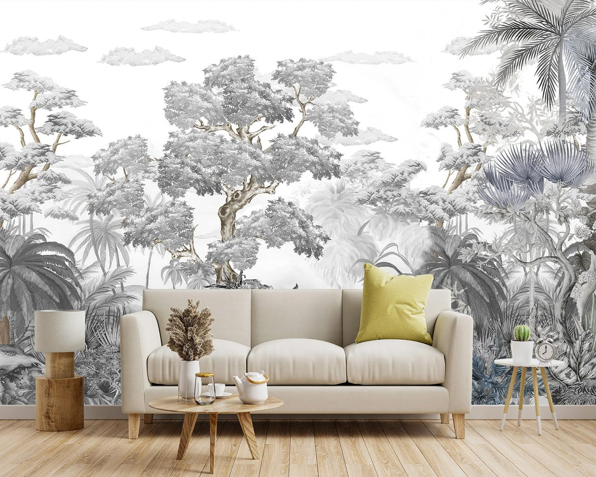-Tropical Rainforest Botanical Grey Jungle Forest Fabric Wallpaper Living Room Palm Leaf Plant Bedroom Bathroom Large Wall Mural- 137"x96"（ not Peel and Stick）