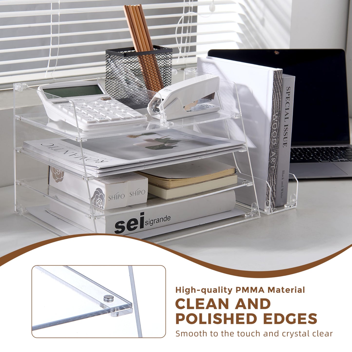 ACRYLATO, Acrylic Desk Organizer - 4-Tier Tray with Vertical File Holder for Books, Stationary, Letter, Magazines, Documents, and File Organizer - Durable Space Saving Storage, For Home and Office