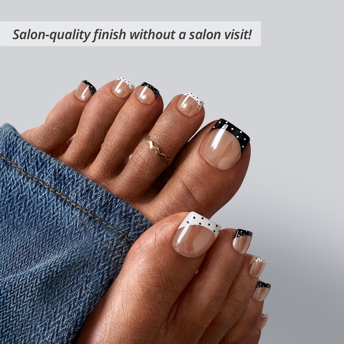BTArtbox Press On Toenails Short - Kismet Duo, Lamp-Curable Polka Dot Chrome French Tip Square Toe Nail Press Ons with Glue and Adhesive Tabs for Women in 15 Sizes - 30 Toenails All-in-One Kit