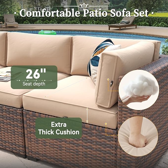 Aoxun 7 Piece Patio Furniture Set Wicker Rattan Patio Conversation Set Outdoor Sectional Sofa Set with Coffee Table and Thickened Cushions, Beige (Waterproof Cover Included)