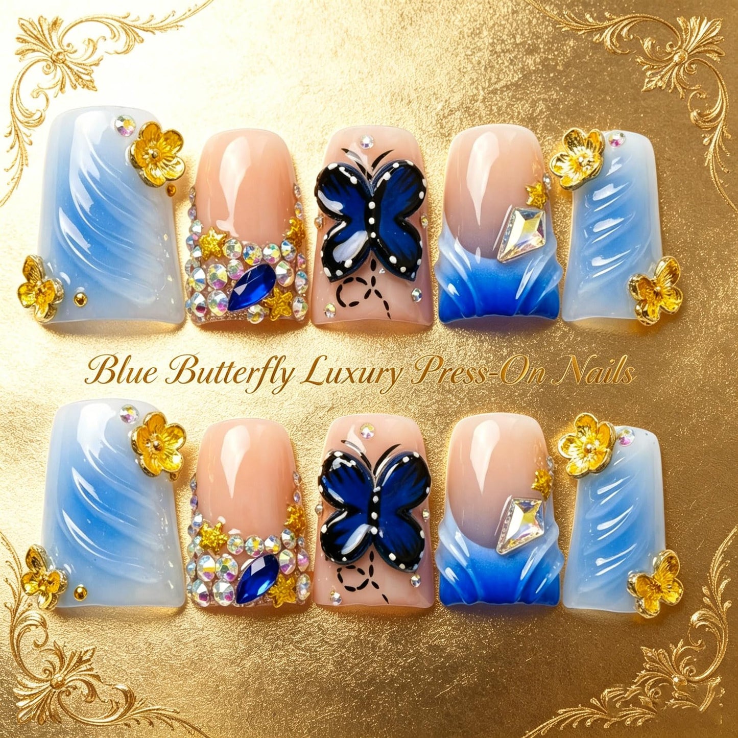 Handmade Press on Nails 3D Cute Glue on Nails for Women, Luxury Duck Nail Art Design, Fake Nails with 3D Nail Charms Size M 13