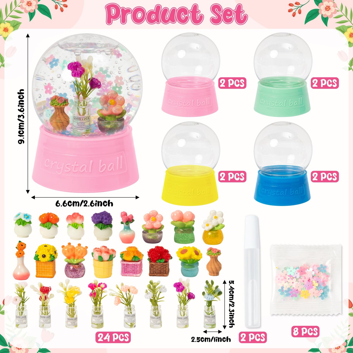 HoniedPepperino Spring Summer Snow Globes Craft Kit - 8 Set DIY Plastic Snow Globe Craft with Mini Resin Tulips, Make Your Own Graduation Party Decor with Glitter for Art Activity Gifts (Flowers)
