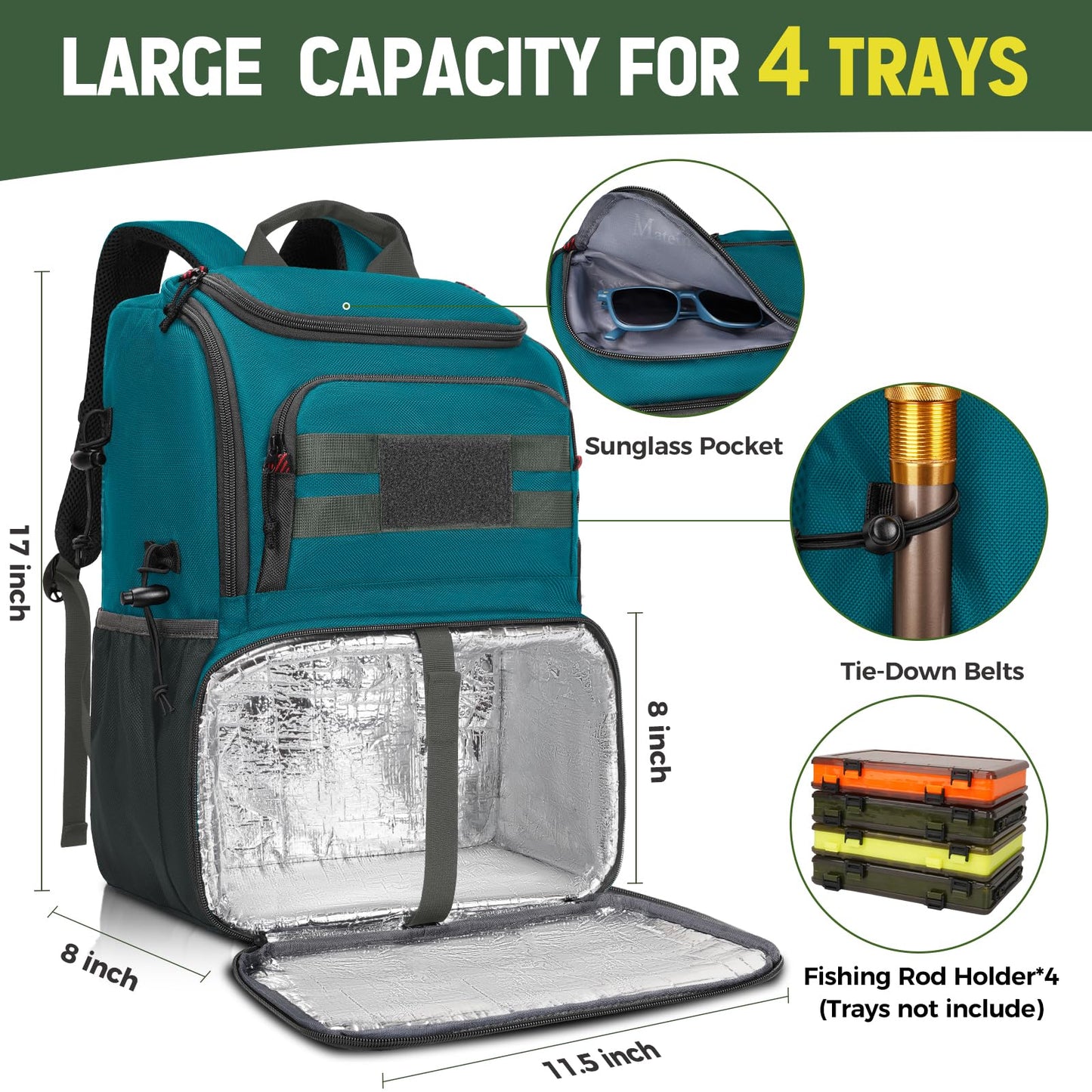 MATEIN Fishing Tackle Box Backpack, Water Resistant Tackle Backpack Fishing Bags with Cooler & Rod Holders, Large Fish Storage Gear Accessories, Fish Gifts for Men, Icy Blue & Grey