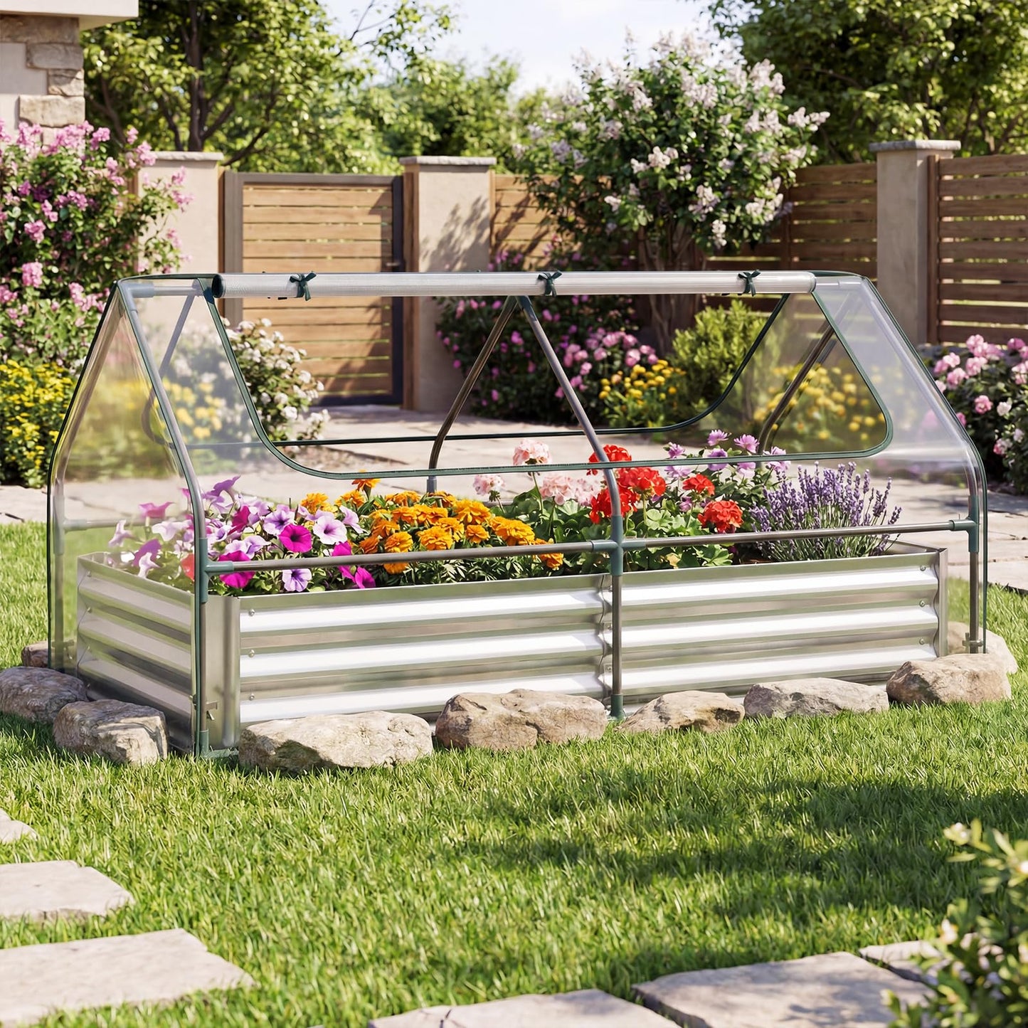 S AFSTAR Raised Garden Bed with Cover, 6FT x 3FT x 3FT Galvanized Bottomless Garden Bed with Greenhouse, Dual 2-Tier Roll-Up Windows, Easy Venting & Watering, Outdoor Metal Planter Box Kit with Cover
