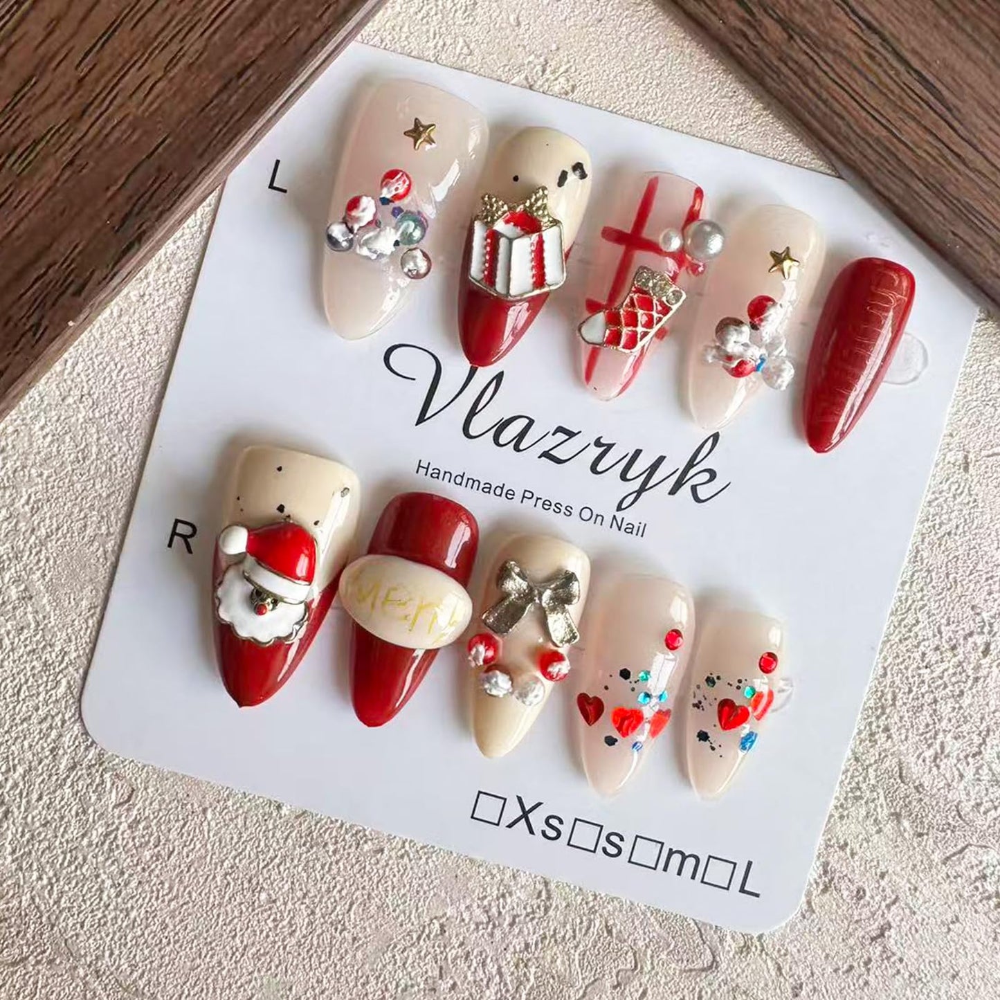 Christmas Handmade Press On Nails – 10pcs Medium Almond Fake Nails, 100% Handmade 3D Santa Claus Designs, Thick Gel Acrylic Full Cover False Nails for Women S SIZE