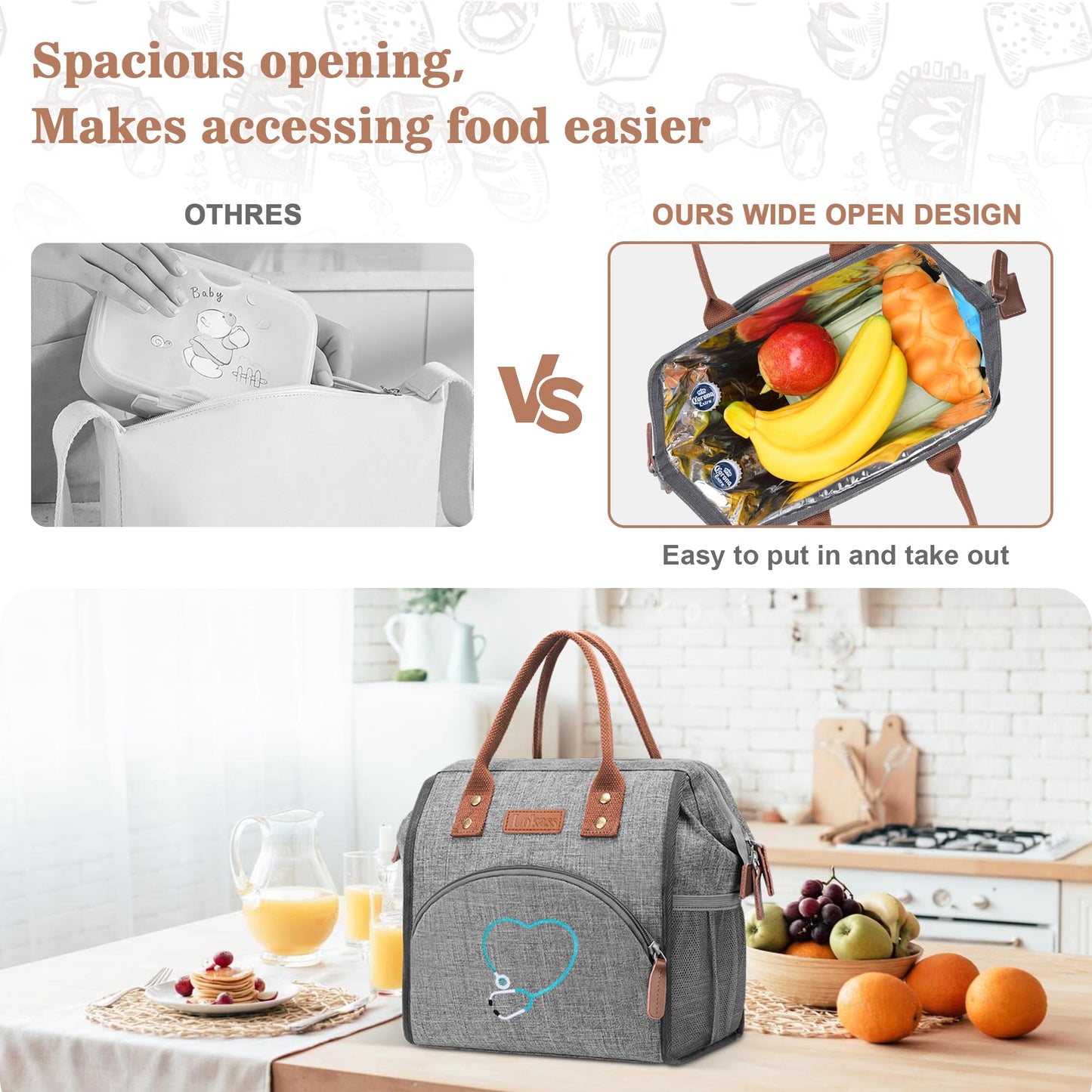 Srotek Nurse Gifts for Women - Embroidered Nurse Lunch Bag for Work, Large Capacity Wide-Open Lunch Box Insulated Reusable Lunch Tote Cooler Bag, Practical Nurse Accessories for Daily Use, Grey