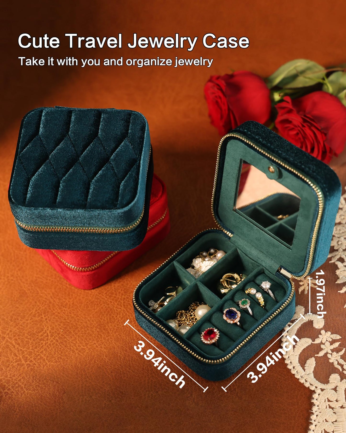 Vidifina Velvet Jewelry Box – Travel Jewelry Case Organizer with Mirror, Adjustable Compartments for Women | Luxury Storage Case & Gift for Her - Caramel