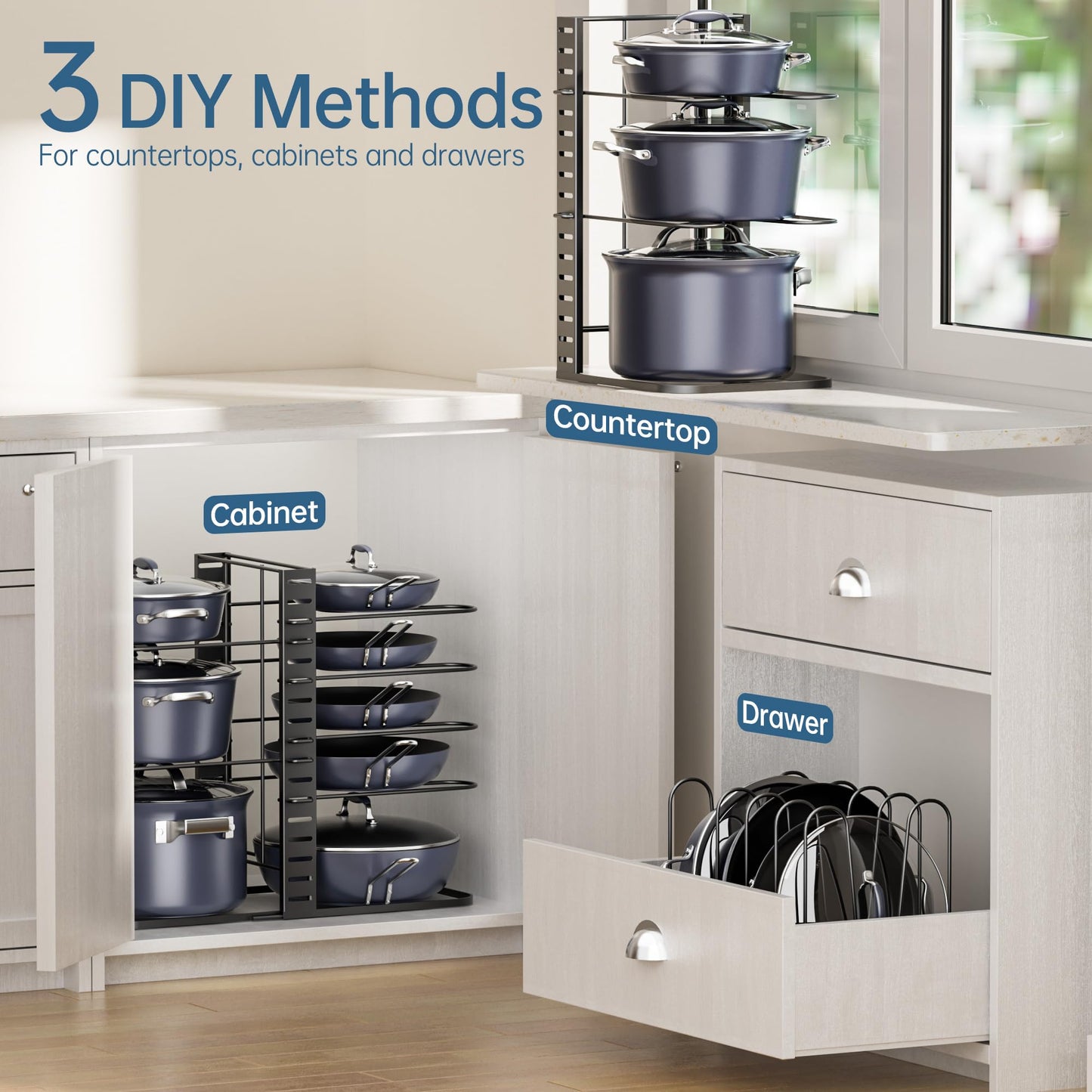 ORDORA Pots and Pans Organizer under Cabinet 14.55 Height, Adjustable 8-Tier Pot Organizers inside Cabinet, Kitchen Organizers and Storage Fit 6-11 inch Lightweight Cookware