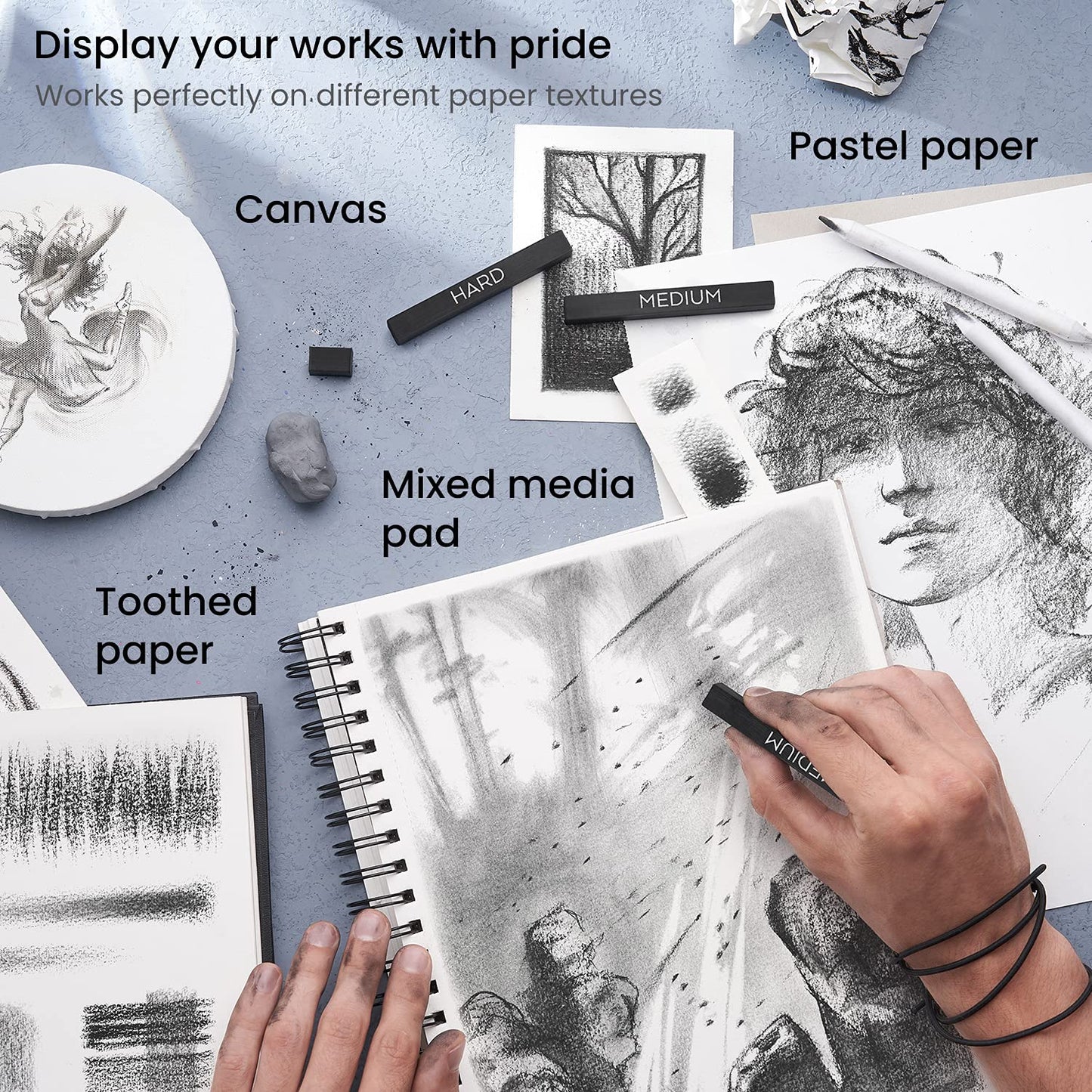 ARTEZA Compressed Charcoal Sticks Set of 16 – Medium and Hard Drawing Crayons for Sketching, Shading, Line Work in Charcoal Art and Figure Drawing