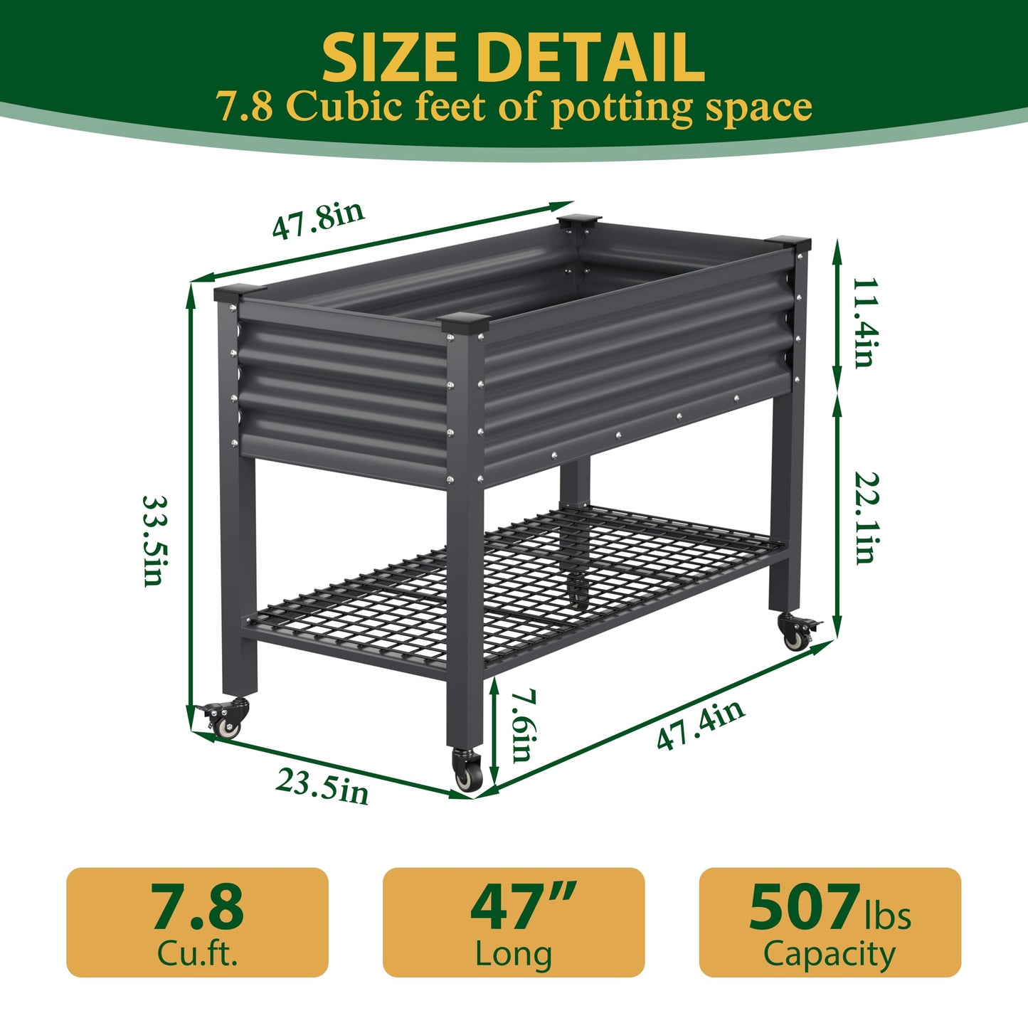 BlueWish 48" W x 24" D x 34" H Outdoor Galvanized Garden Bed, Elevate Raised Bed with Detachable Black Liner, Rolling Casters, Storage Shelf, Planter Boxes for Gardening, Vegetable, Flower, Grey