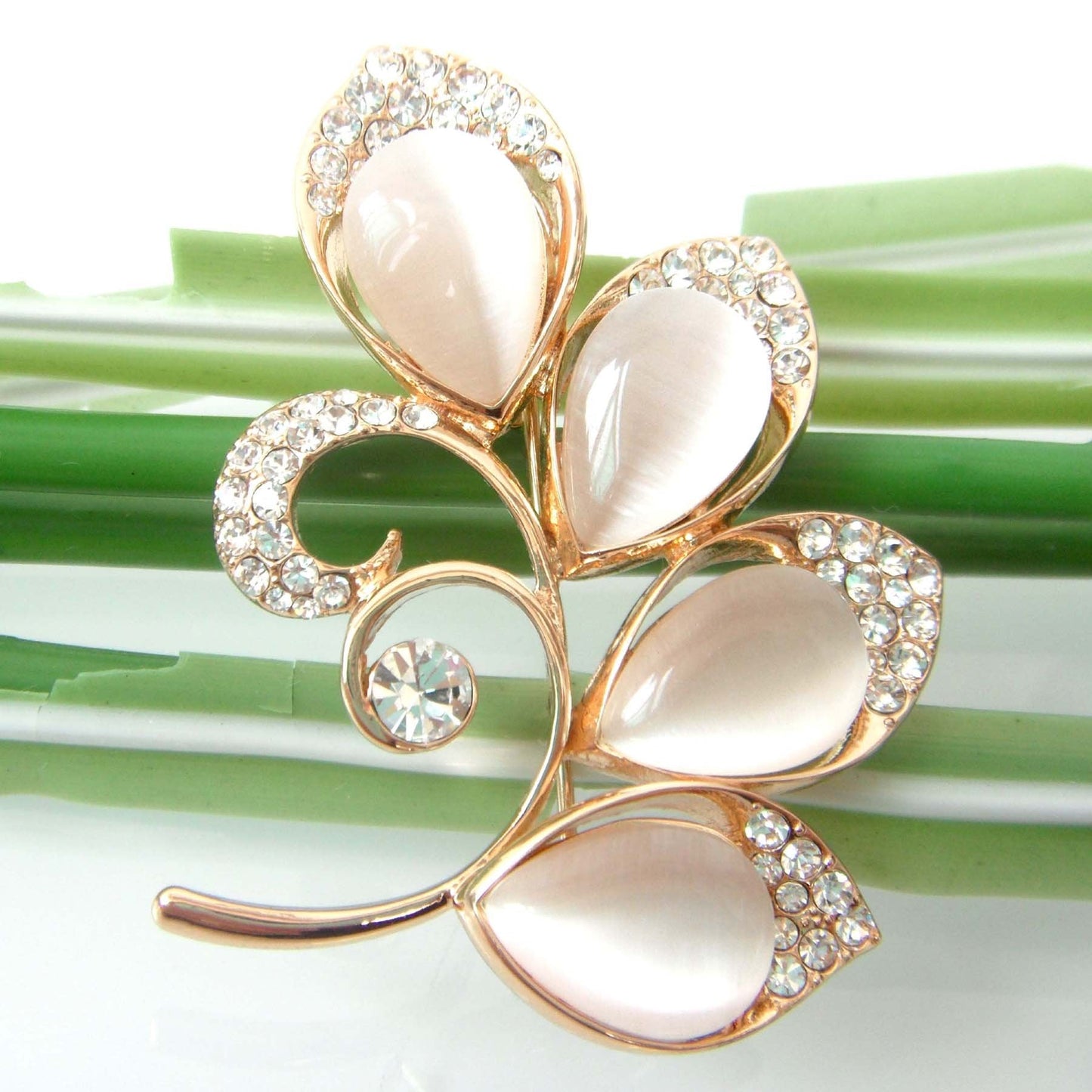 Navachi 18k Gold Plated White Created-Opal Crystal Branches Leaves Brooch Pin