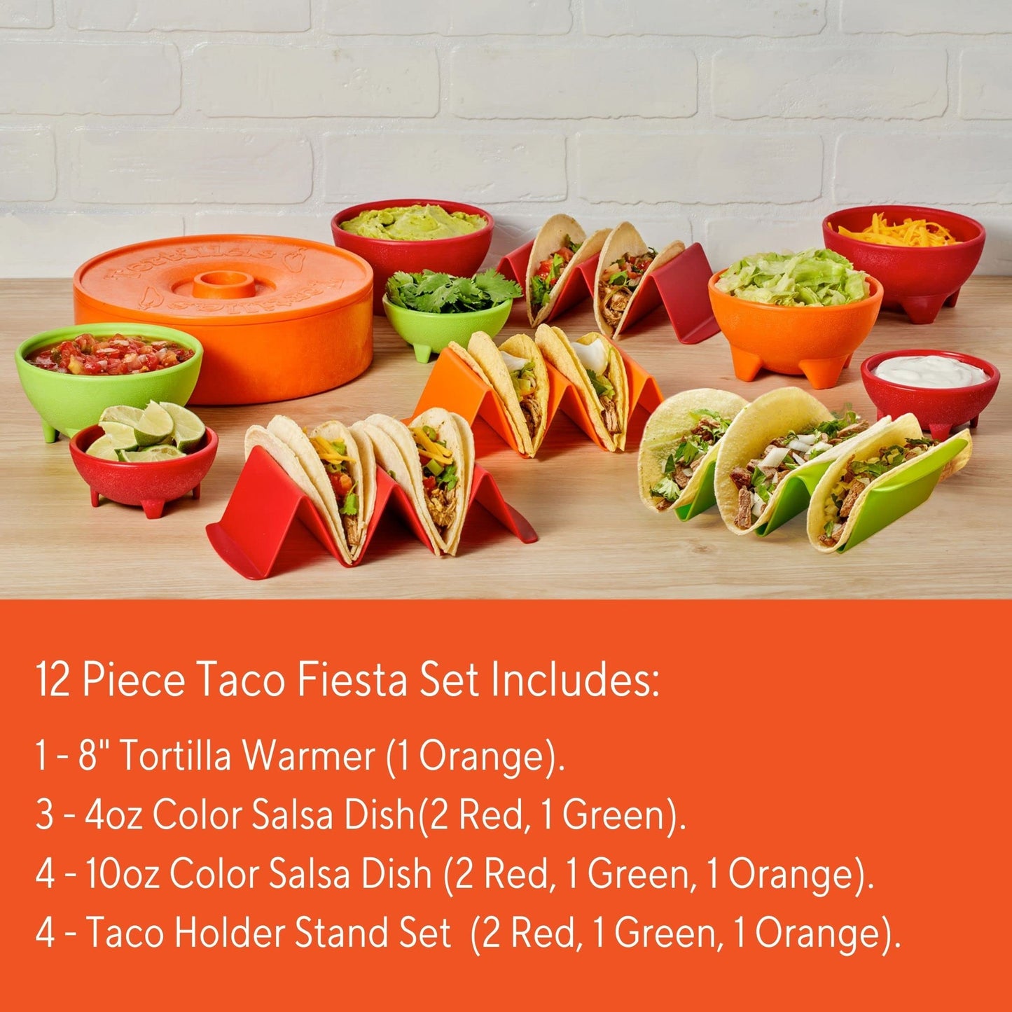 IMUSA 12pc Taco Fiesta Set, Red/Orange/Green