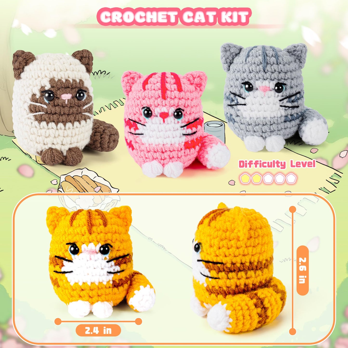 Crochet Kit for Beginners -4 PCS Cat Crochet Kit with Step-by-Step Video Tutorials, Learn to Crochet Kits for Adults, Beginner Crochet Kits for Adults, Animals Cat Crafts Knitting Kit Galentines Gifts