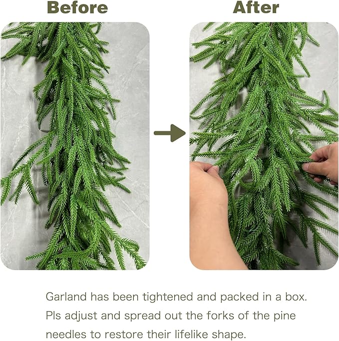 Senjie Christmas Garland Norfolk Pine Garland Real Touch Artificial Greenery Garland for Mantle Fireplace Table Indoor Outdoor Holiday Decortions 5FT 2PCS
