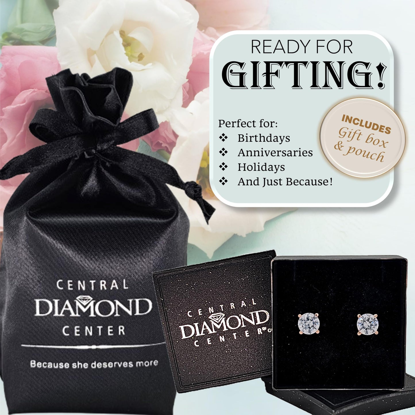 Central Diamond Center 14K Solid Gold Post & Sterling Silver Made with Swarovski 4 Prong CZ Stud Earrings - Rose Gold Plated - 6.50mm - 2.00cttw