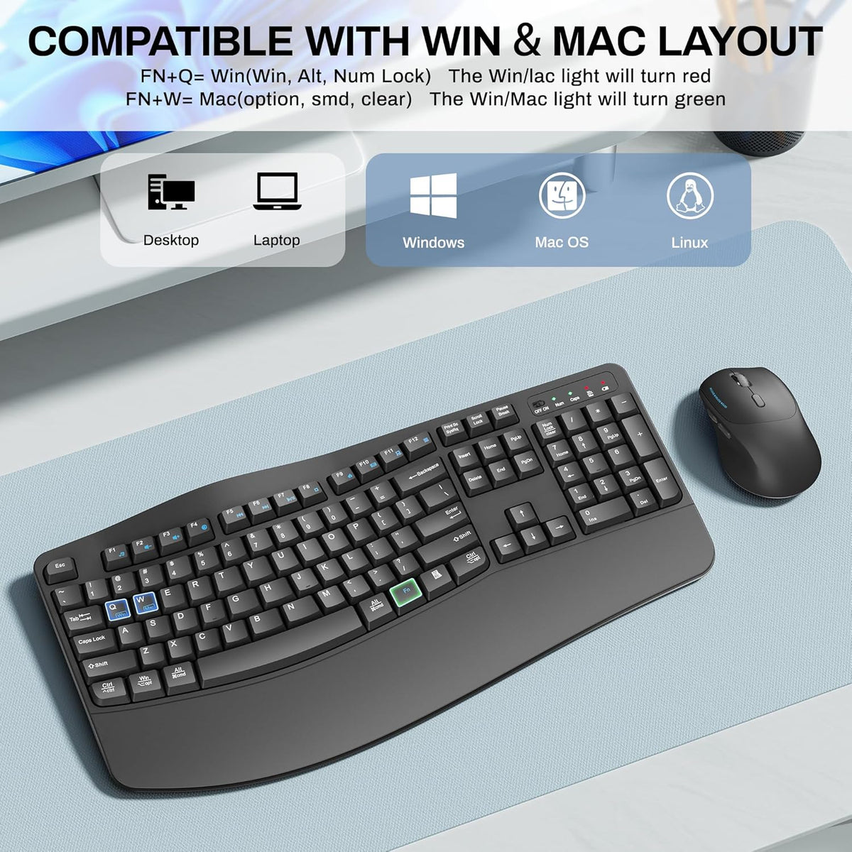 Wireless Keyboard and Mouse Combo,2.4G Full Size Wave Keys Ergonomic Keyboard with Wrist Rest for Natural Typing, 3 DPI Adjustable Ergonomic Silent Mouse for Computer/Laptop/Windows/Mac (Grey)
