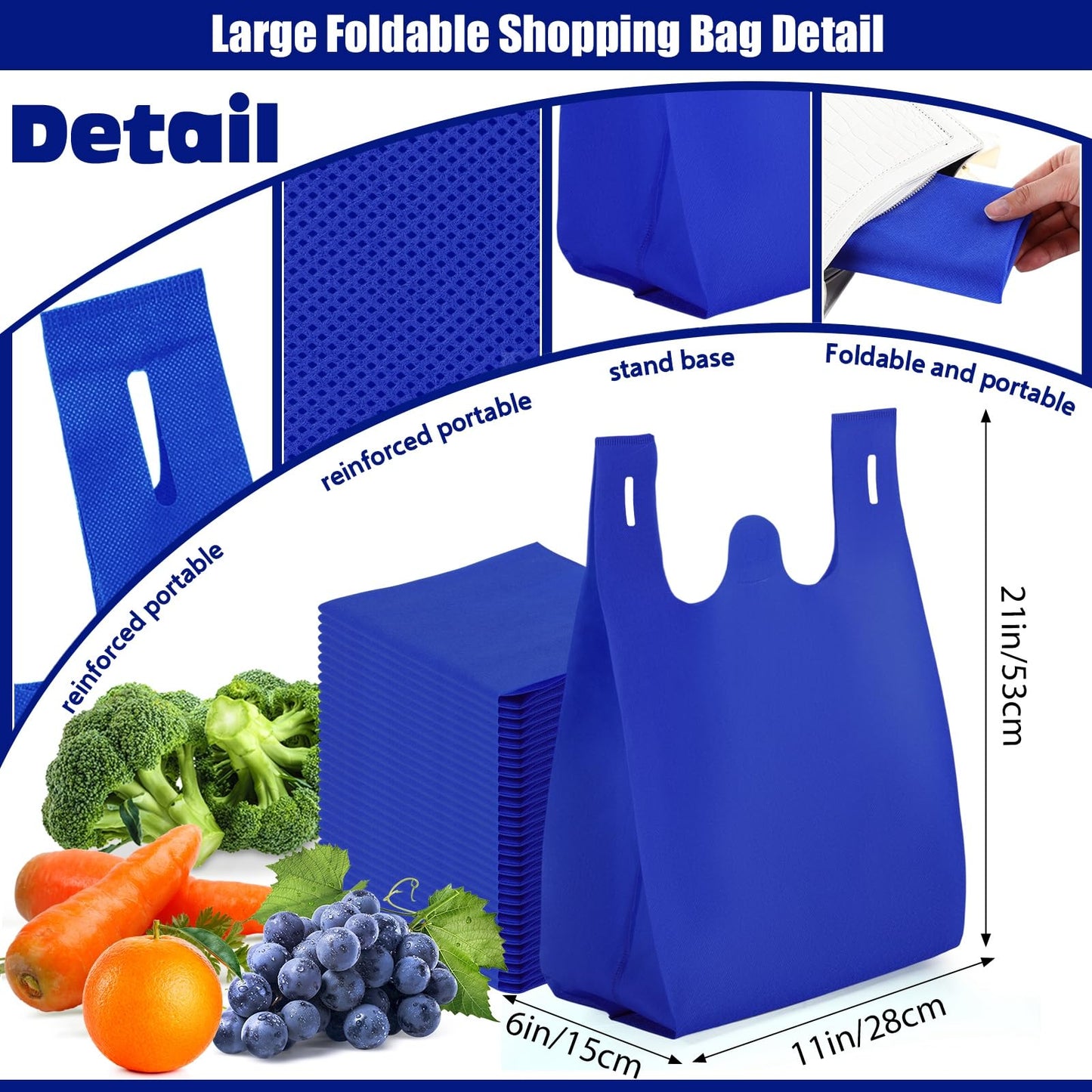 Windyun Large Grocery T-shirt Bags Bulk Reusable Non Woven Shopping Bag Foldable Gift Tote with Handle, 21x11x6 Inch(100 Pcs,Navy Blue)